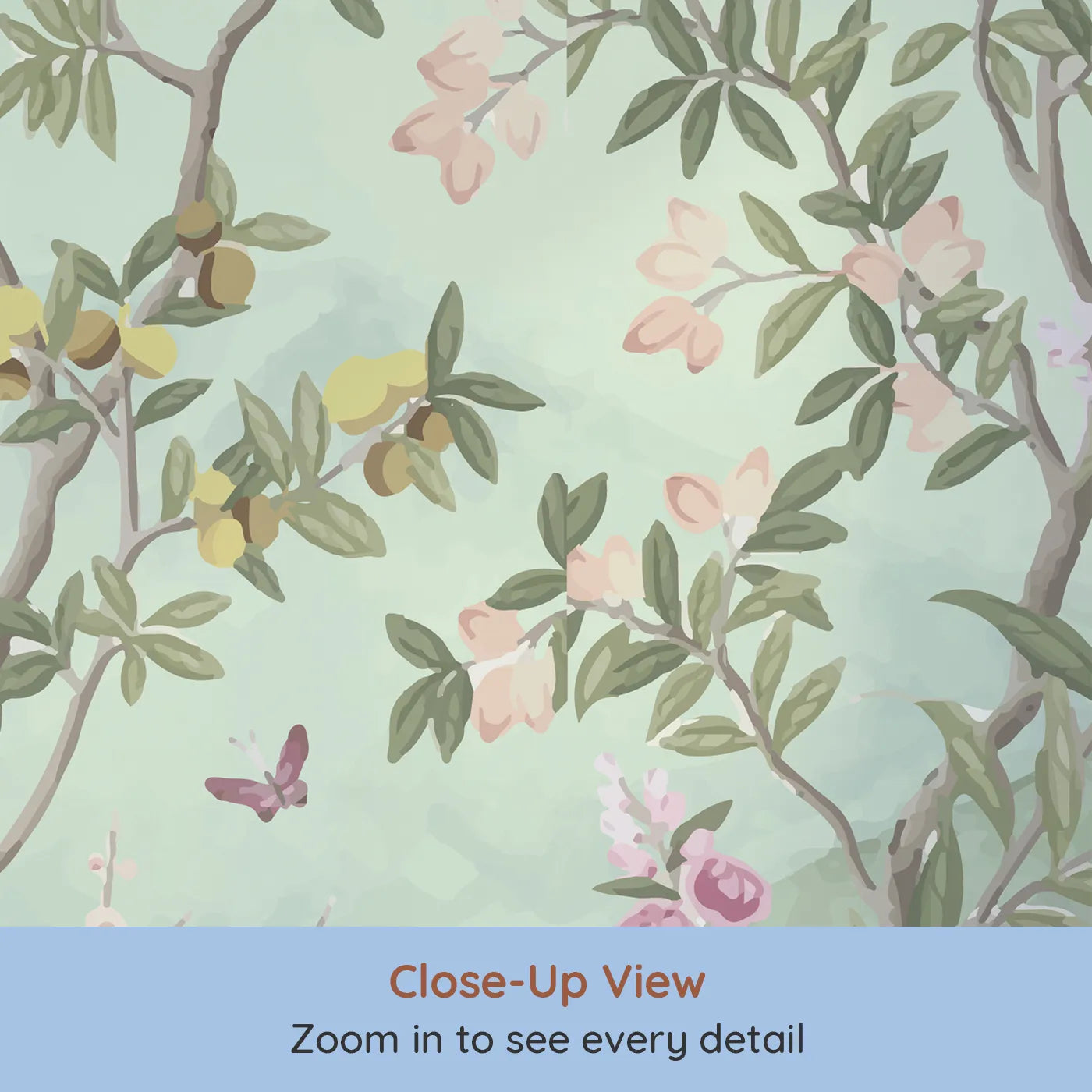 Close-up view of Whimsy Tots' Chinoiserie Garden Panorama Wall Mural (Turn Their Room into an Elegant, Hand-Painted Paradise).Gender-Neutral