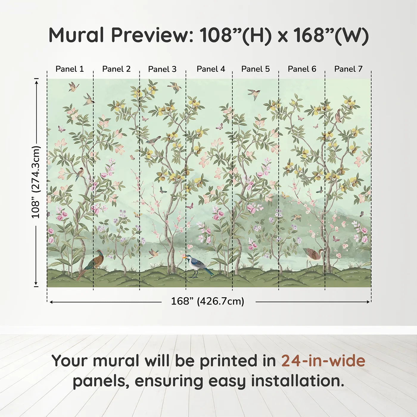 Whimsy Tots Chinoiserie Garden Panorama Wall Muraldimension view (108" H x 168" W). Printed in seven 24-inch-wide panels. Gender-Neutral