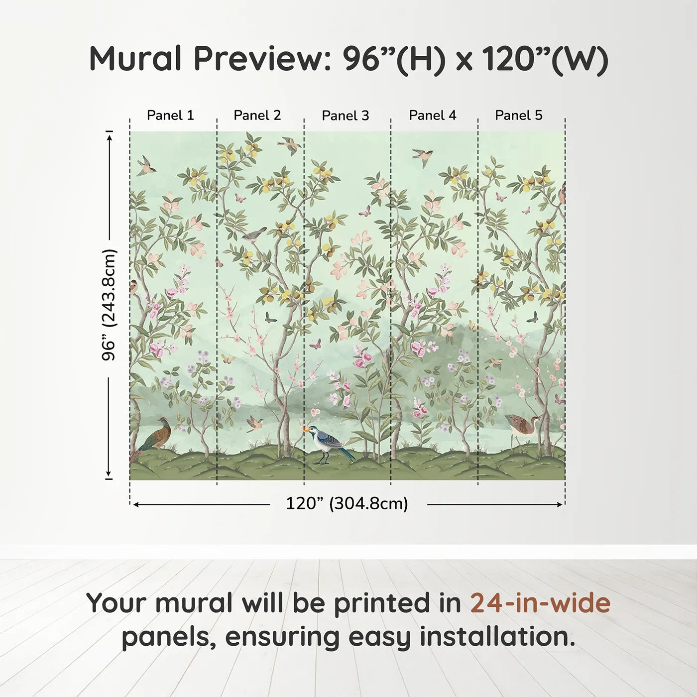 Whimsy Tots Chinoiserie Garden Panorama Wall Muraldimension view (96" H x 120" W). Printed in five 24-inch-wide panels. Gender-Neutral