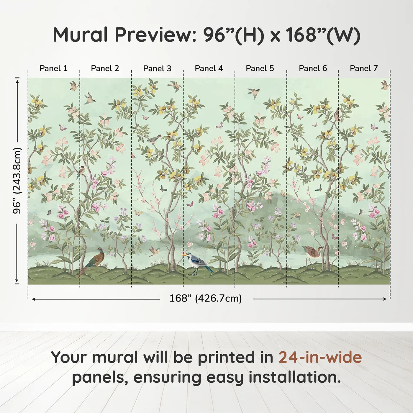 Whimsy Tots Chinoiserie Garden Panorama Wall Muraldimension view (96" H x 168" W). Printed in seven 24-inch-wide panels. Gender-Neutral