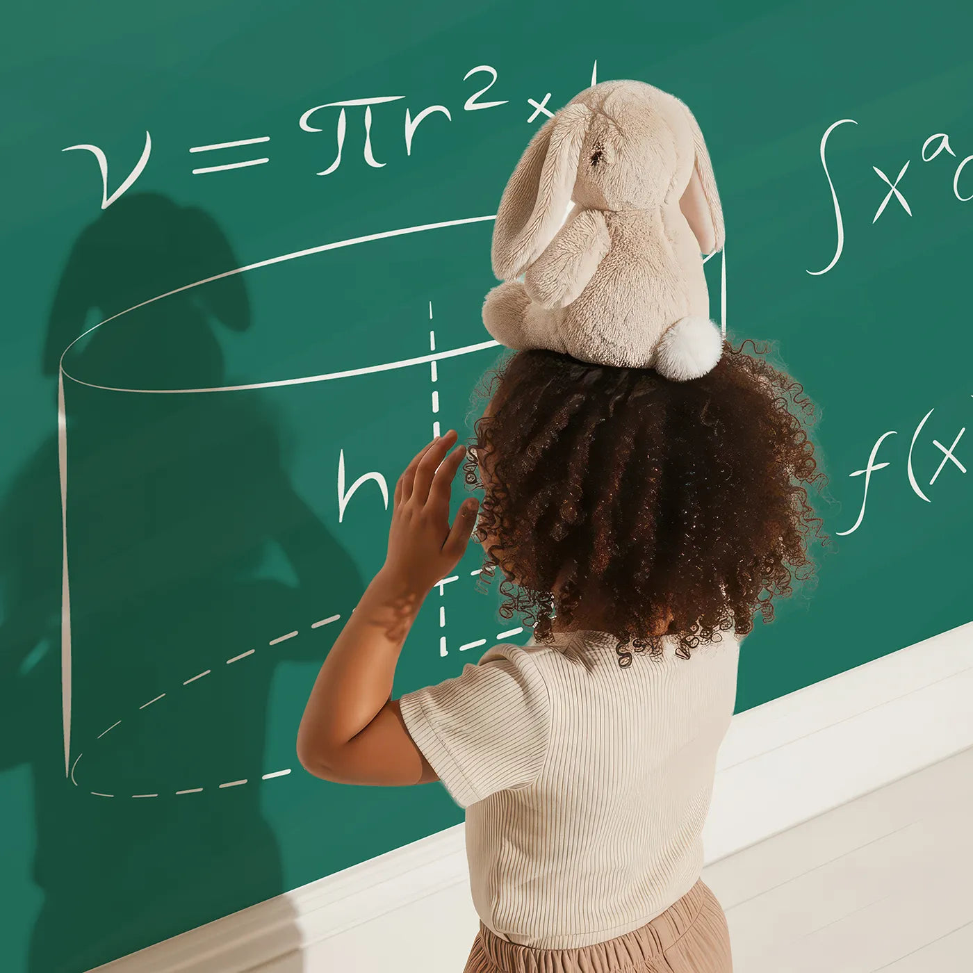 Child in front of Whimsy Tots Trigonometry Chalkboard Wall Mural with math, science, equation, formula, chalkboard, geometry, trigonometry, learn in design.
