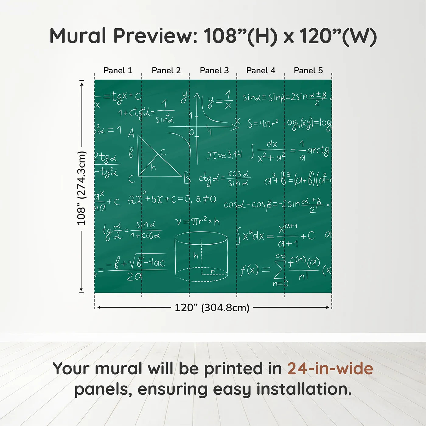Whimsy Tots Trigonometry Chalkboard Wall Muraldimension view (108" H x 120" W). Printed in five 24-inch-wide panels. Gender-Neutral