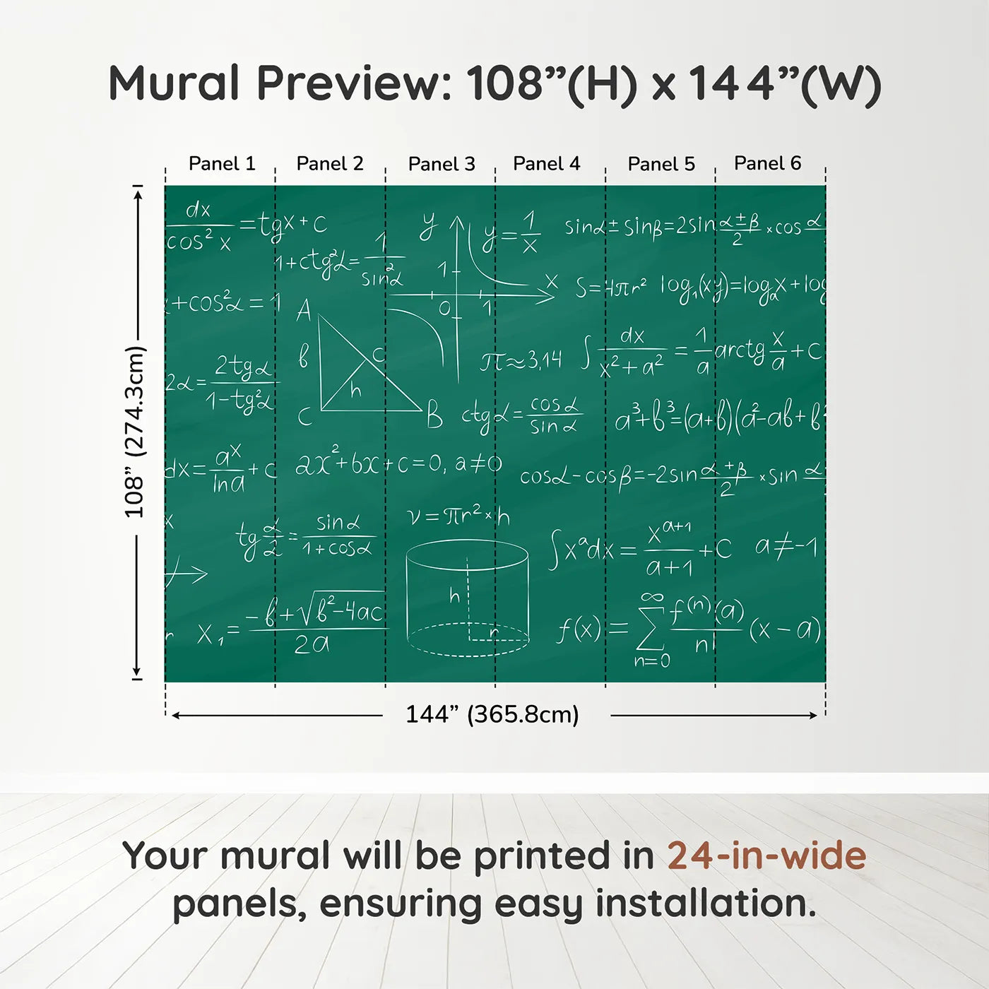 Whimsy Tots Trigonometry Chalkboard Wall Muraldimension view (108" H x 144" W). Printed in six 24-inch-wide panels. Gender-Neutral