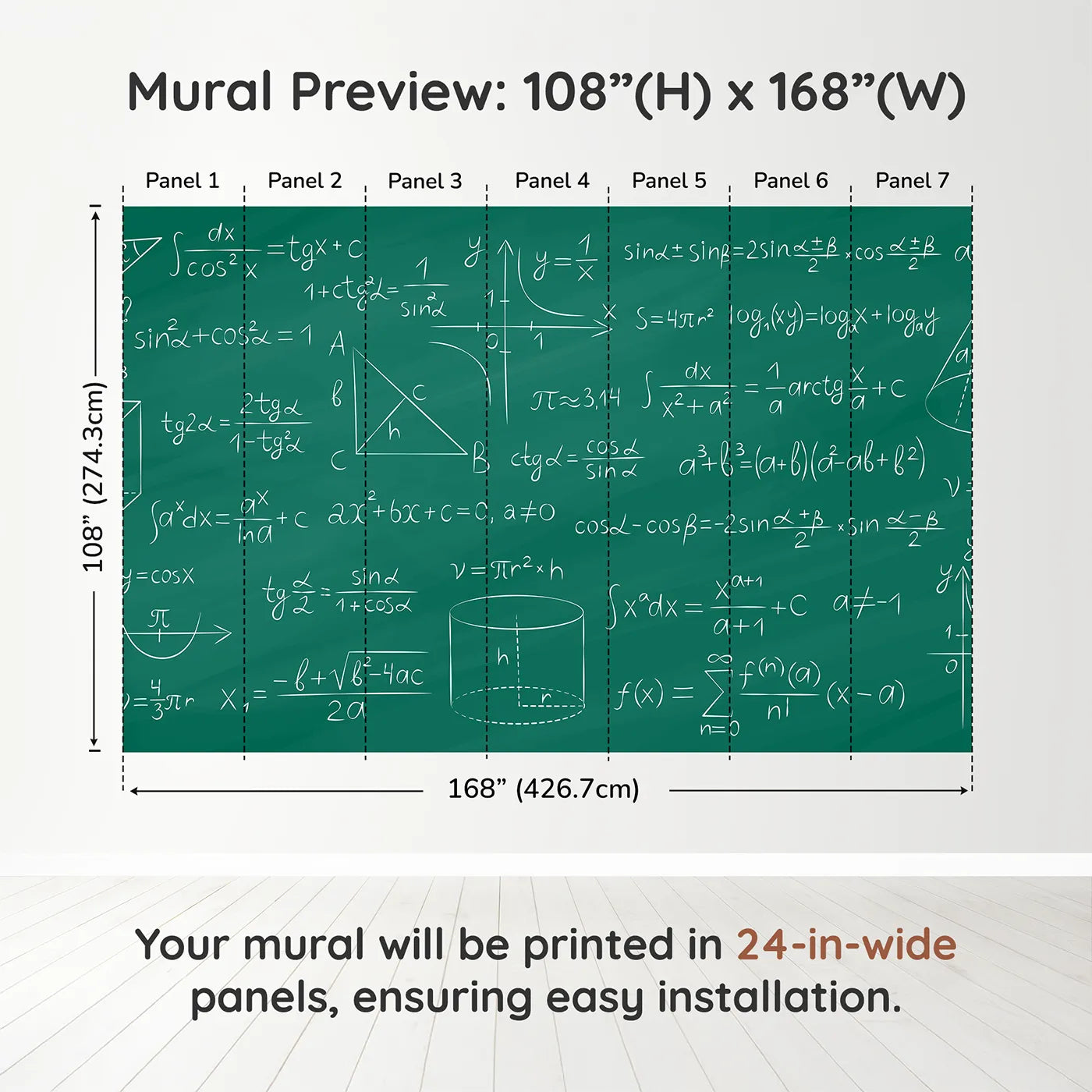 Whimsy Tots Trigonometry Chalkboard Wall Muraldimension view (108" H x 168" W). Printed in seven 24-inch-wide panels. Gender-Neutral