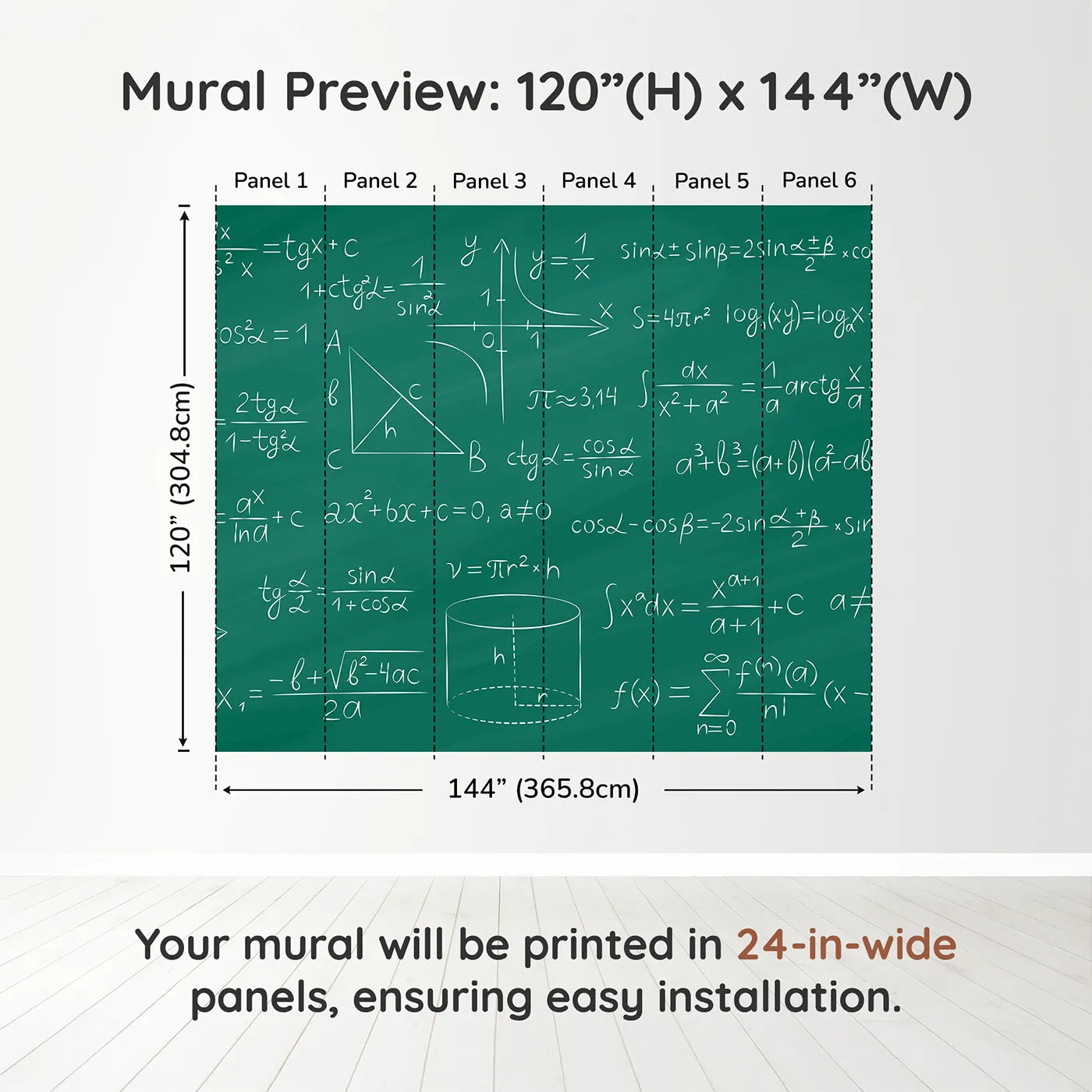 Whimsy Tots Trigonometry Chalkboard Wall Muraldimension view (120" H x 144" W). Printed in six 24-inch-wide panels. Gender-Neutral