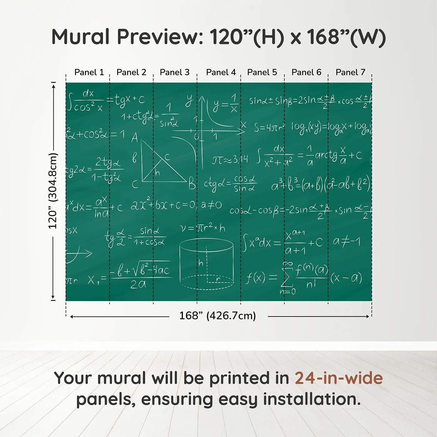 Whimsy Tots Trigonometry Chalkboard Wall Muraldimension view (120" H x 168" W). Printed in seven 24-inch-wide panels. Gender-Neutral