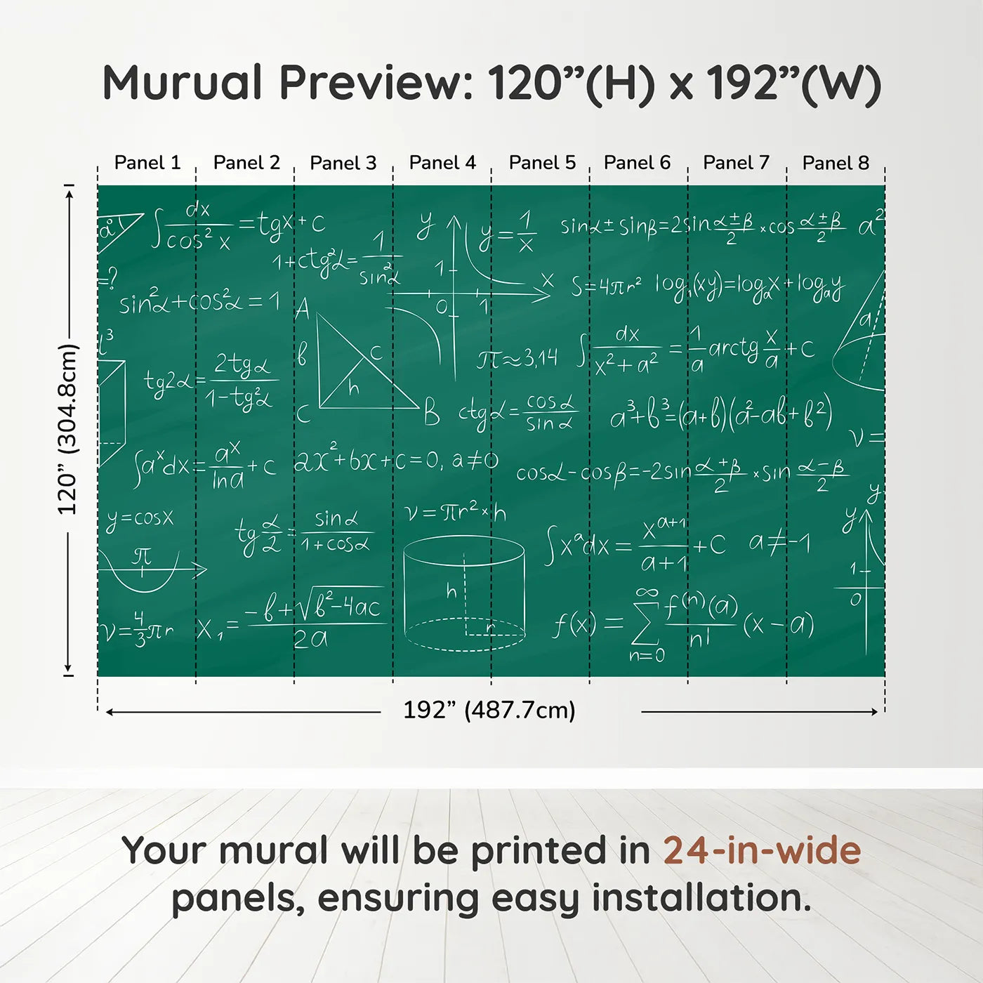Whimsy Tots Trigonometry Chalkboard Wall Muraldimension view (120" H x 192" W). Printed in eight 24-inch-wide panels. Gender-Neutral