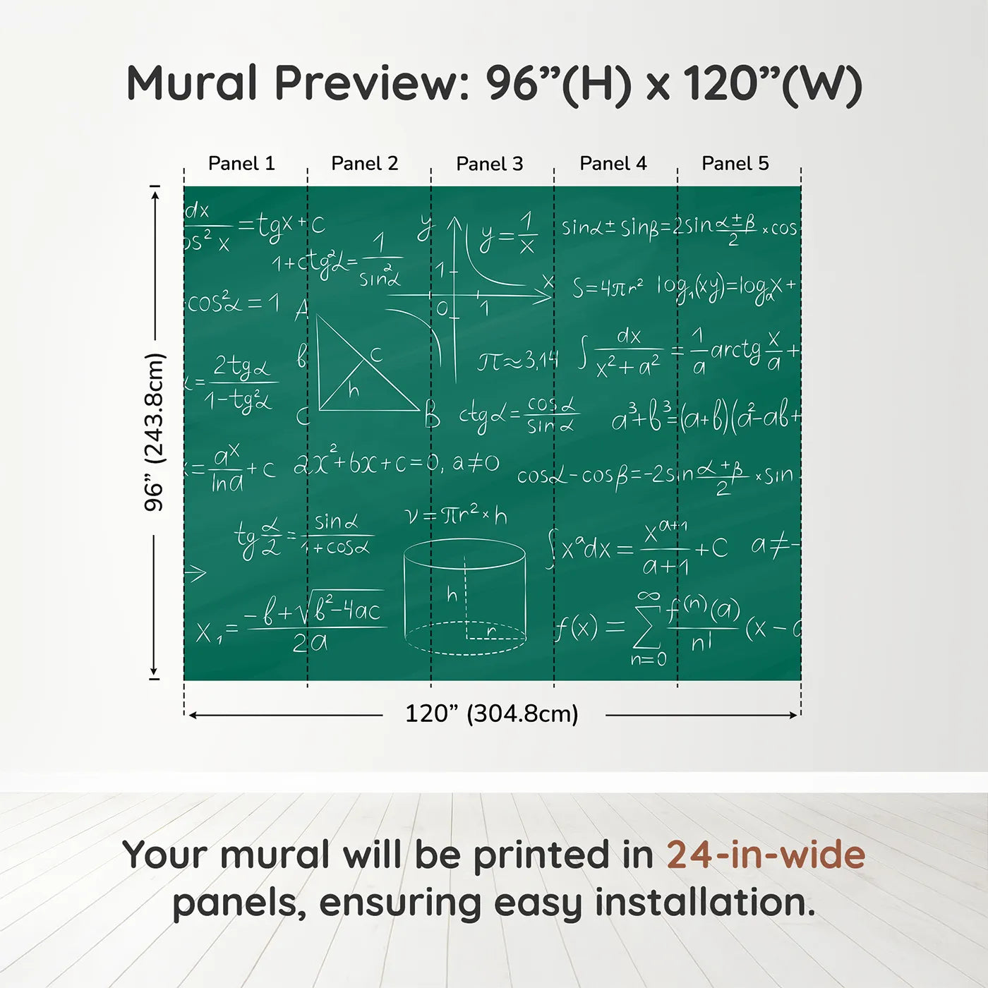 Whimsy Tots Trigonometry Chalkboard Wall Muraldimension view (96" H x 120" W). Printed in five 24-inch-wide panels. Gender-Neutral