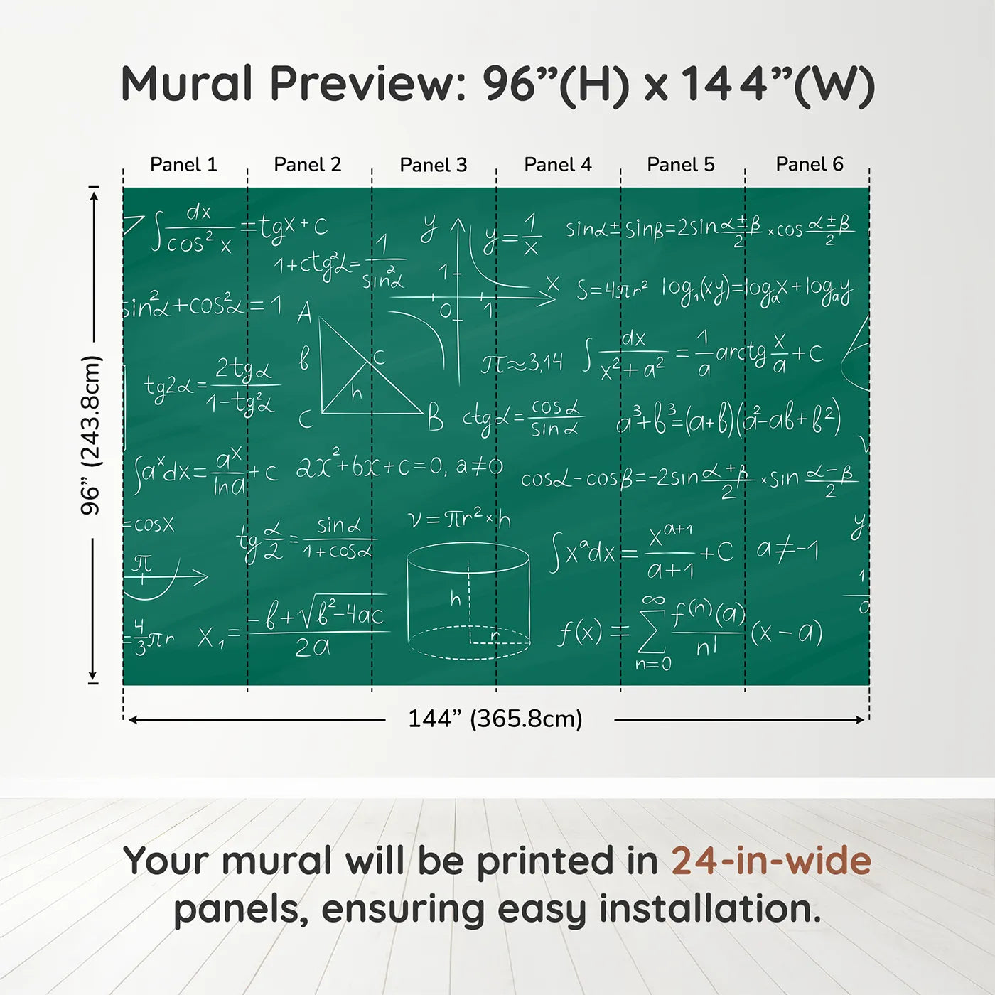 Whimsy Tots Trigonometry Chalkboard Wall Muraldimension view (96" H x 144" W). Printed in six 24-inch-wide panels. Gender-Neutral