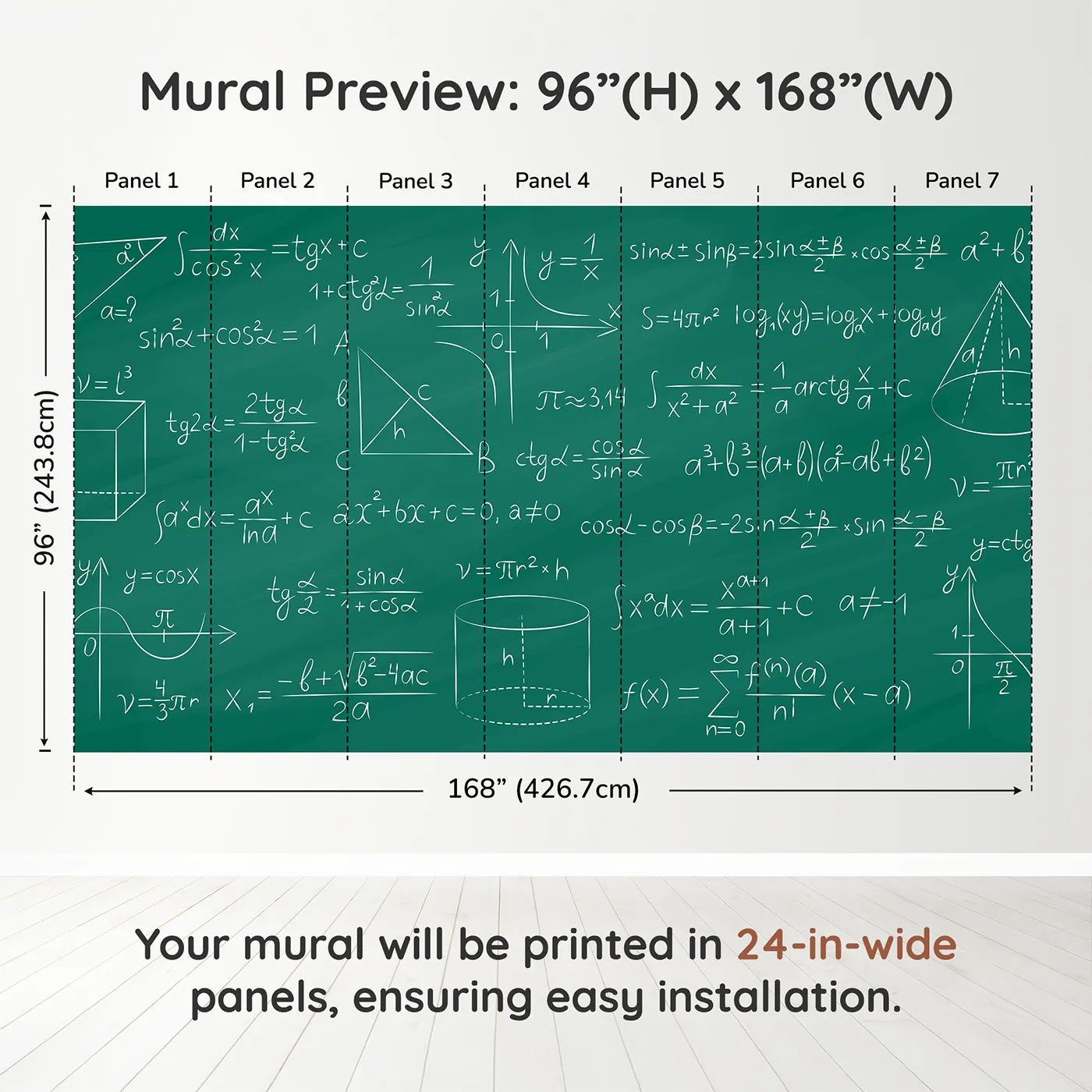 Whimsy Tots Trigonometry Chalkboard Wall Muraldimension view (96" H x 168" W). Printed in seven 24-inch-wide panels. Gender-Neutral