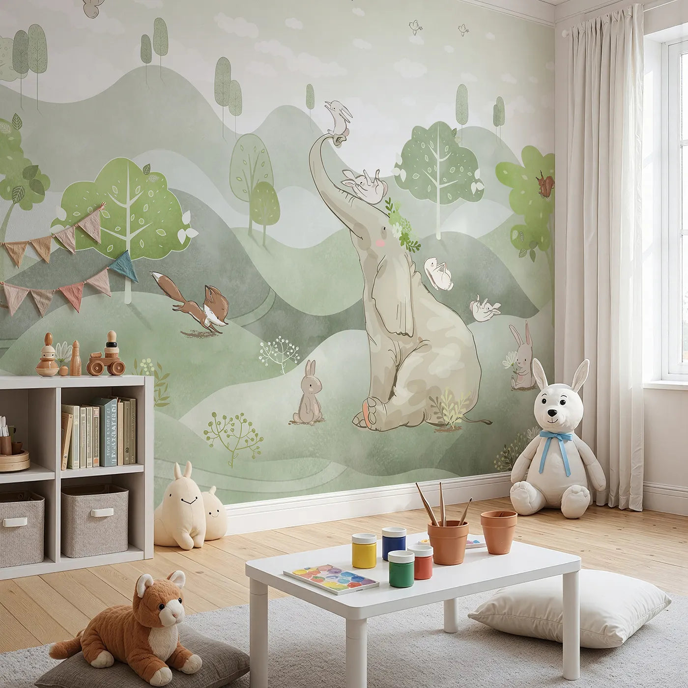Angled view of Whimsy Tots' Elephant and Friends Playground Wall Mural (Turn Their Room into a Whimsical Woodland Playground).Gender-Neutral