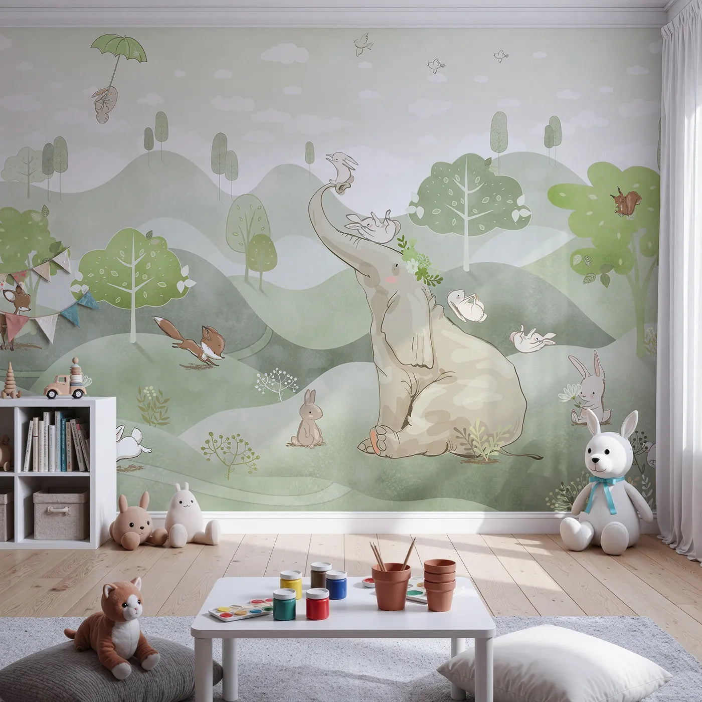 Front view of Whimsy Tots' Elephant and Friends Playground Wall Mural