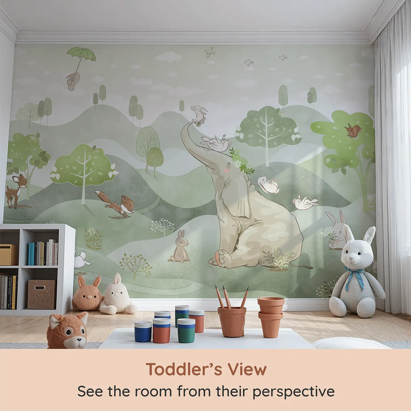 Whimsy Tots Elephant and Friends Playground Wall Mural (Turn Their Room into a Whimsical Woodland Playground) from your child's view.Gender-Neutral