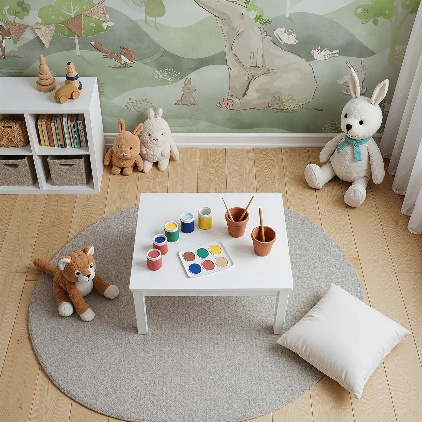 Top-down view of Whimsy Tots' Elephant and Friends Playground Wall Mural (Turn Their Room into a Whimsical Woodland Playground).Gender-Neutral