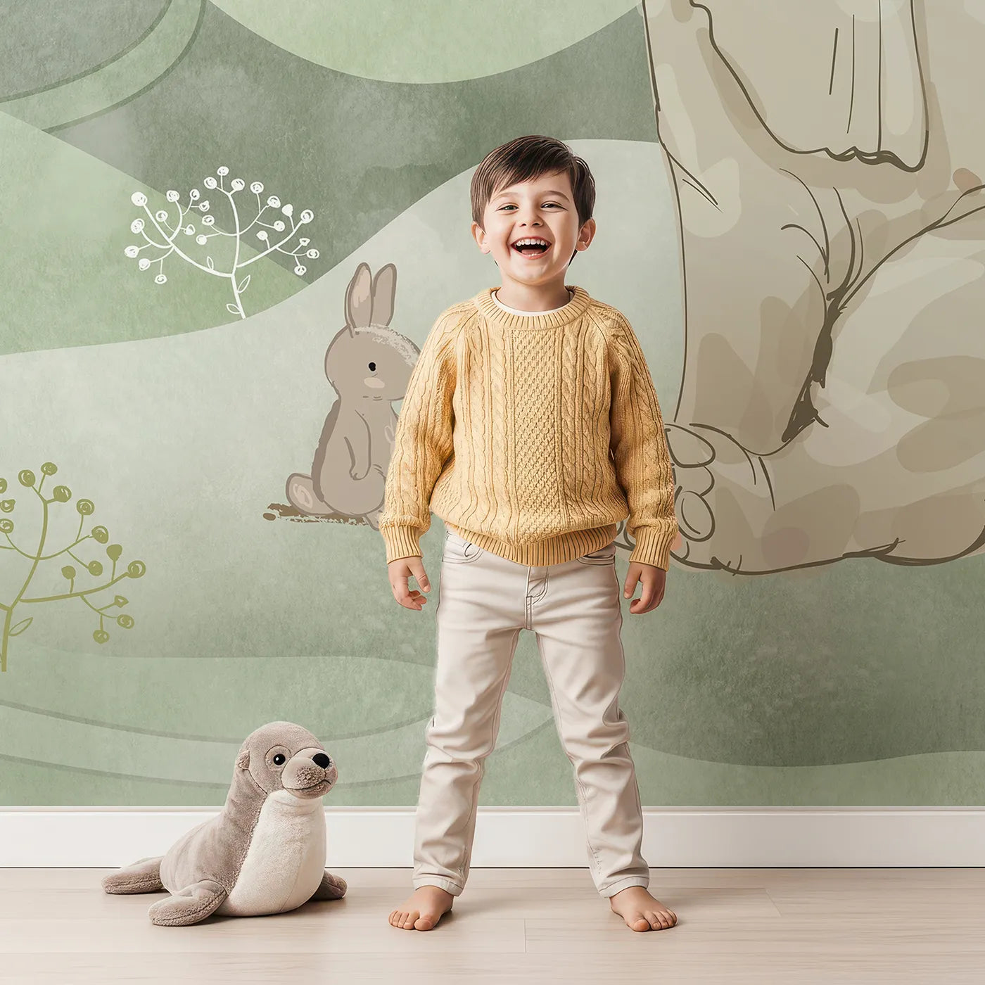Child in front of Whimsy Tots Elephant and Friends Playground Wall Mural with elephant, rabbit, cute, whimsical, animal, green, landscape, storybook in design.
