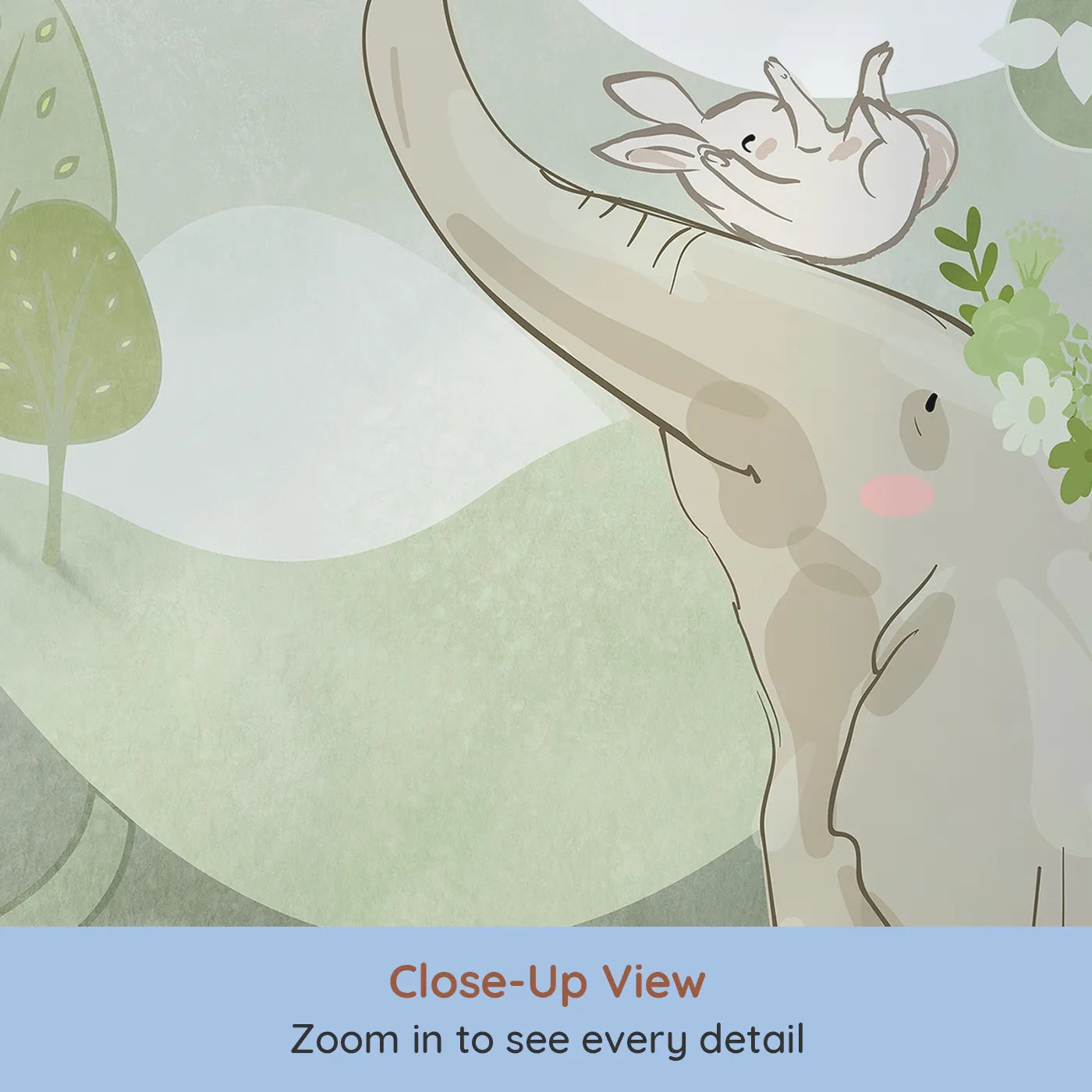 Close-up view of Whimsy Tots' Elephant and Friends Playground Wall Mural (Turn Their Room into a Whimsical Woodland Playground).Gender-Neutral