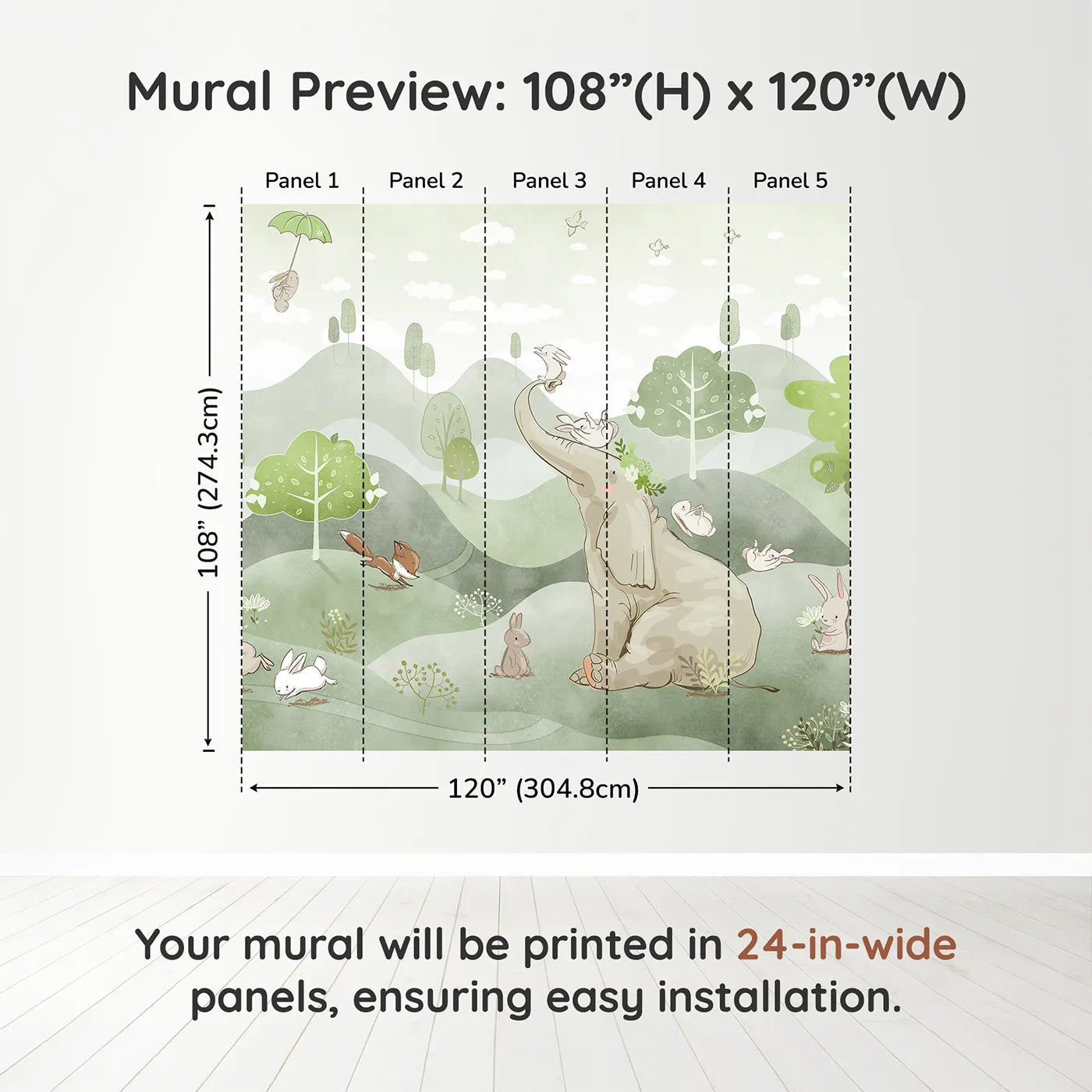 Whimsy Tots Elephant and Friends Playground Wall Muraldimension view (108" H x 120" W). Printed in five 24-inch-wide panels. Gender-Neutral