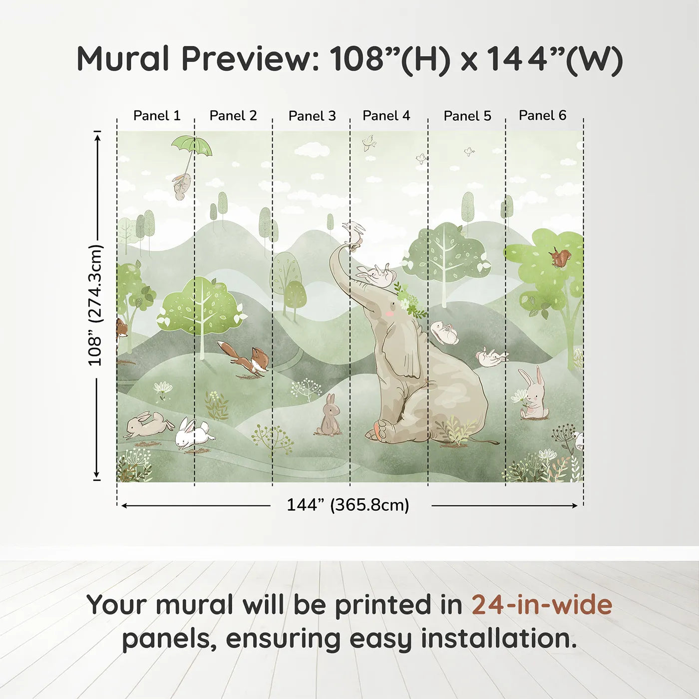 Whimsy Tots Elephant and Friends Playground Wall Muraldimension view (108" H x 144" W). Printed in six 24-inch-wide panels. Gender-Neutral