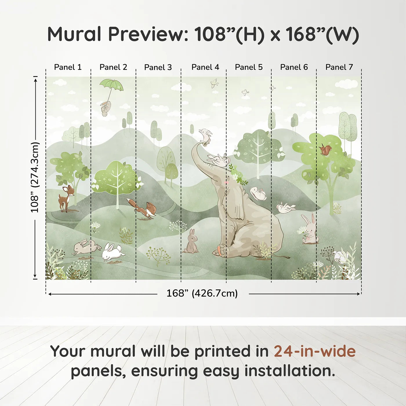 Whimsy Tots Elephant and Friends Playground Wall Muraldimension view (108" H x 168" W). Printed in seven 24-inch-wide panels. Gender-Neutral