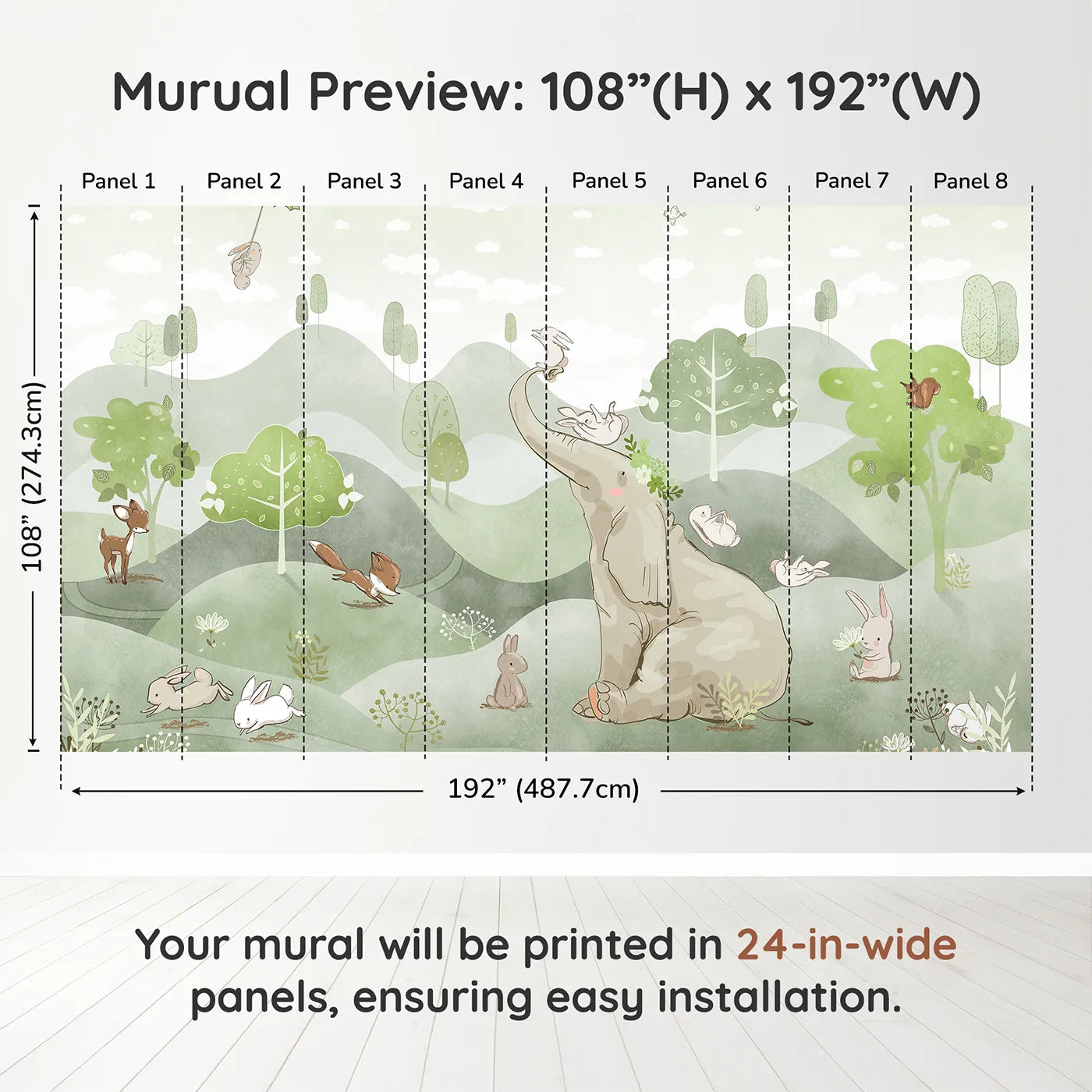 Whimsy Tots Elephant and Friends Playground Wall Muraldimension view (108" H x 192" W). Printed in eight 24-inch-wide panels. Gender-Neutral