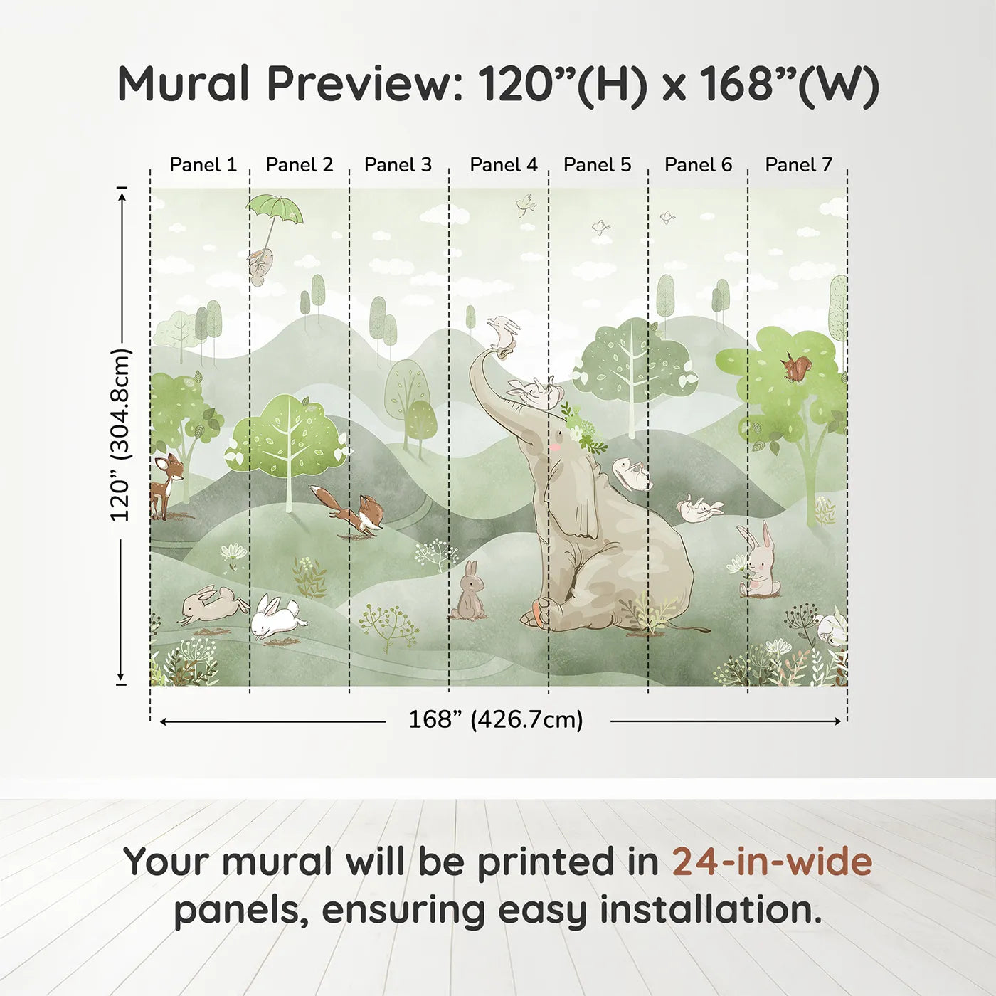 Whimsy Tots Elephant and Friends Playground Wall Muraldimension view (120" H x 168" W). Printed in seven 24-inch-wide panels. Gender-Neutral