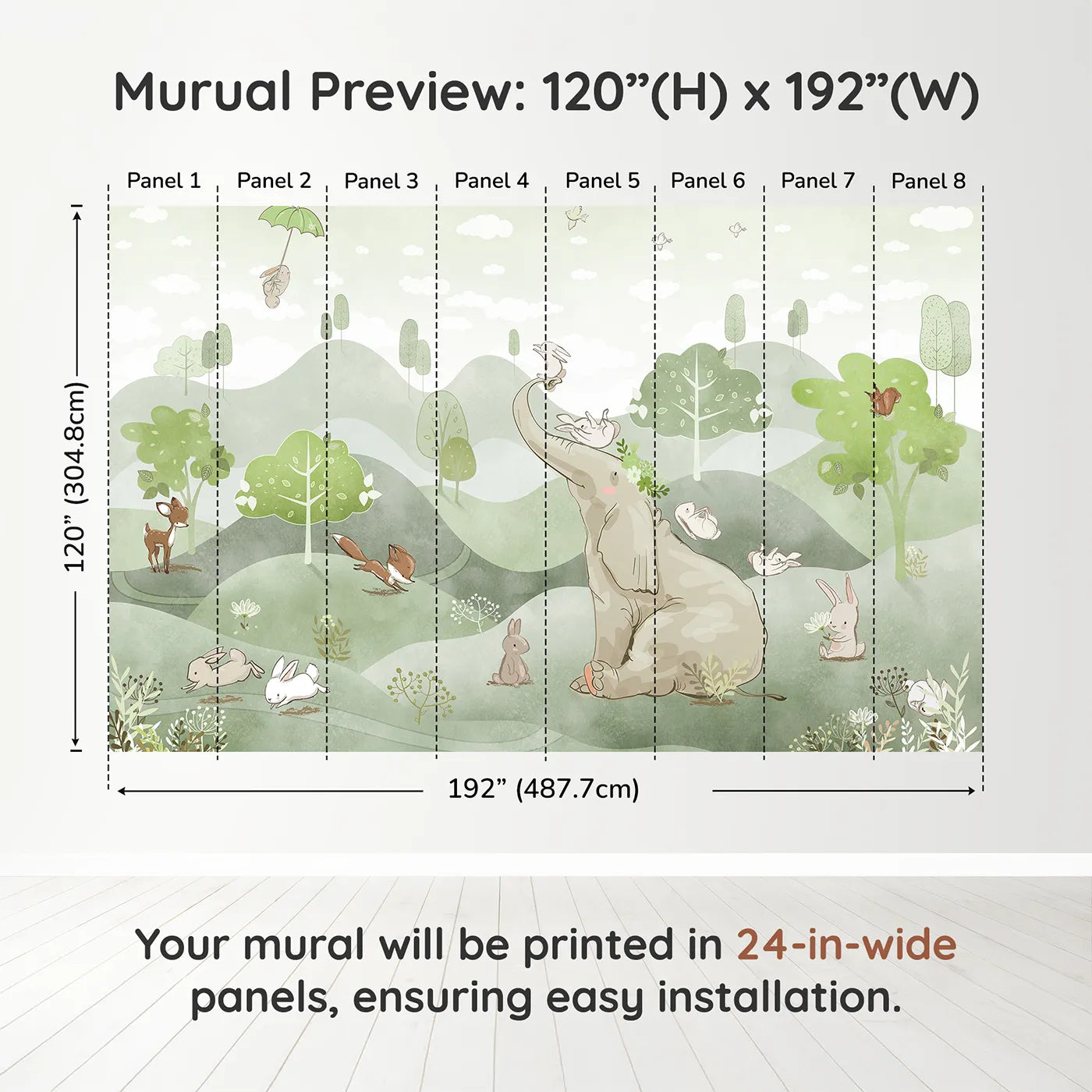 Whimsy Tots Elephant and Friends Playground Wall Muraldimension view (120" H x 192" W). Printed in eight 24-inch-wide panels. Gender-Neutral