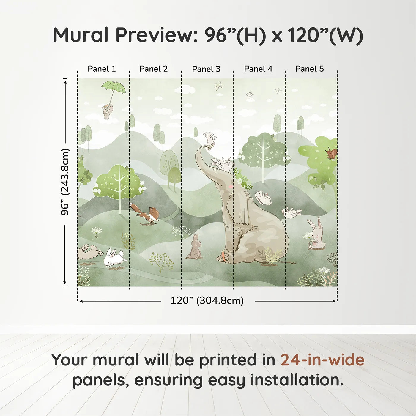 Whimsy Tots Elephant and Friends Playground Wall Muraldimension view (96" H x 120" W). Printed in five 24-inch-wide panels. Gender-Neutral