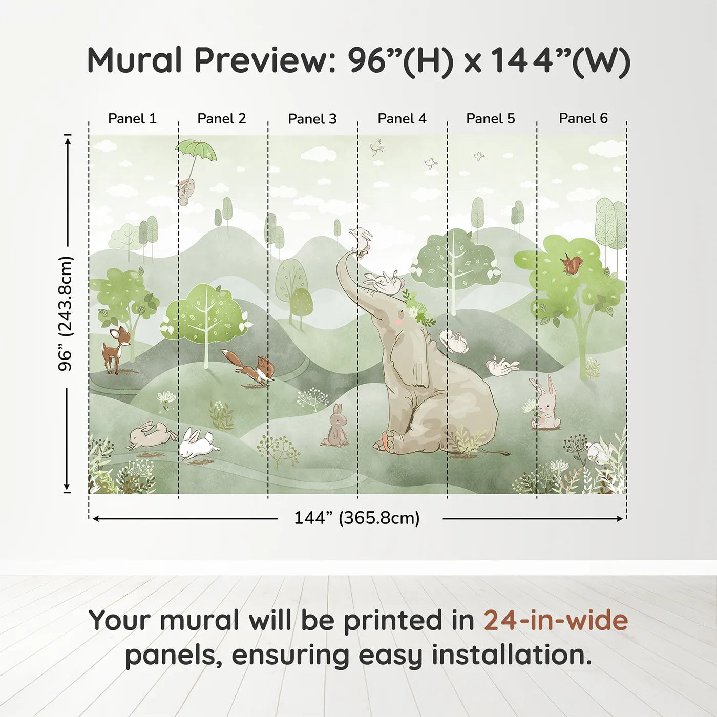 Whimsy Tots Elephant and Friends Playground Wall Muraldimension view (96" H x 144" W). Printed in six 24-inch-wide panels. Gender-Neutral
