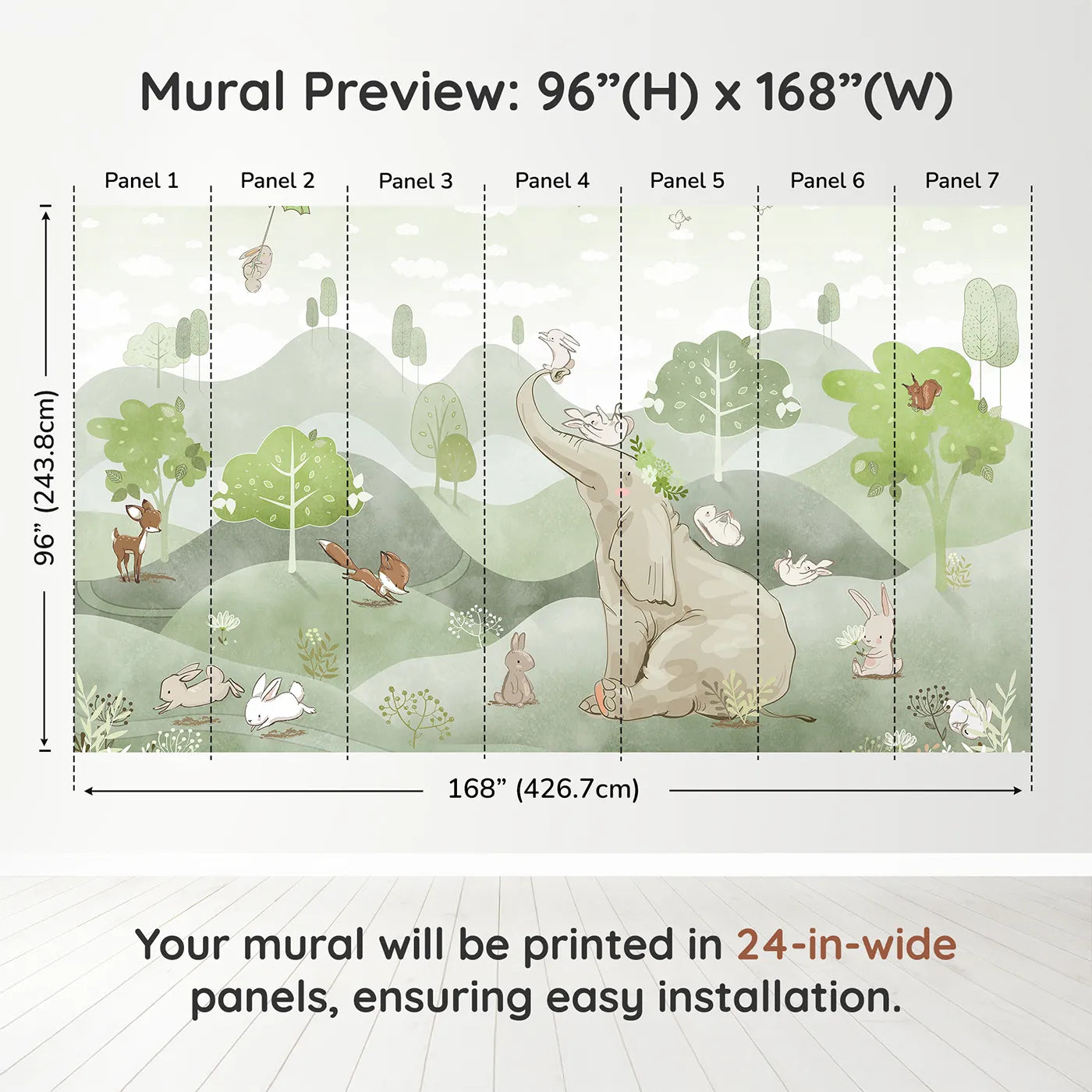Whimsy Tots Elephant and Friends Playground Wall Muraldimension view (96" H x 168" W). Printed in seven 24-inch-wide panels. Gender-Neutral