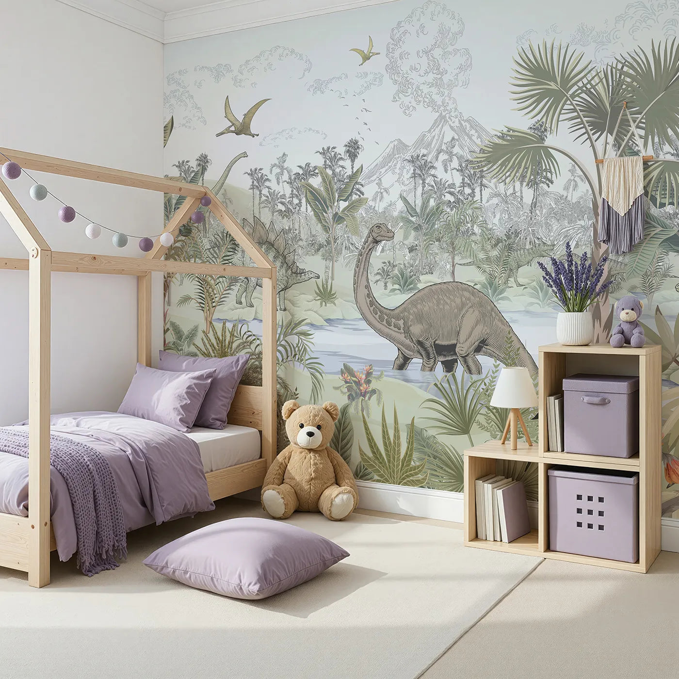 Angled view of Whimsy Tots' Prehistoric Jungle Wall Mural (Turn Their Room into a Lush and Detailed Dinosaur World).Gender-Neutral