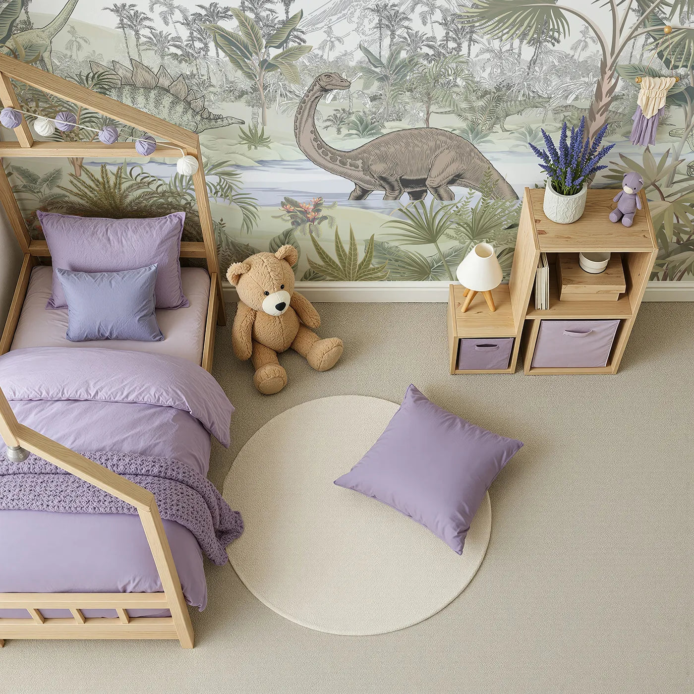 Top-down view of Whimsy Tots' Prehistoric Jungle Wall Mural (Turn Their Room into a Lush and Detailed Dinosaur World).Gender-Neutral