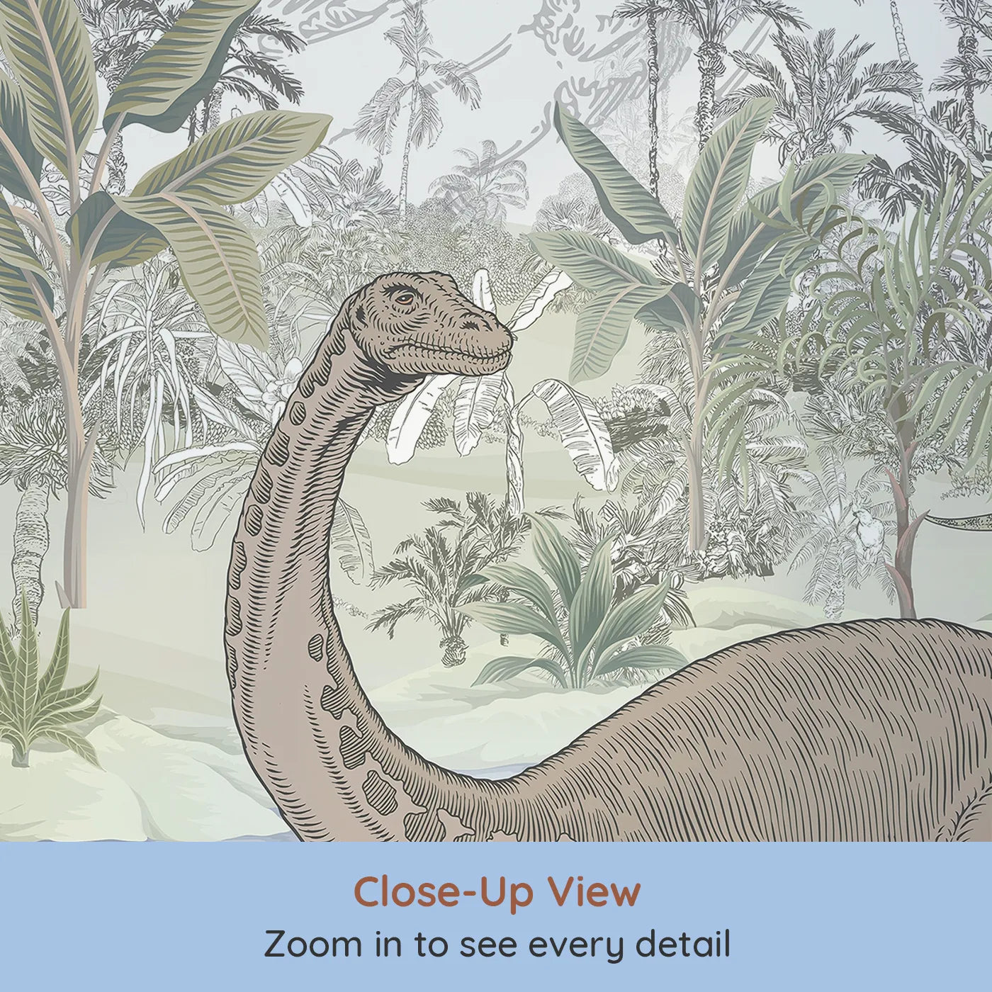 Close-up view of Whimsy Tots' Prehistoric Jungle Wall Mural (Turn Their Room into a Lush and Detailed Dinosaur World).Gender-Neutral