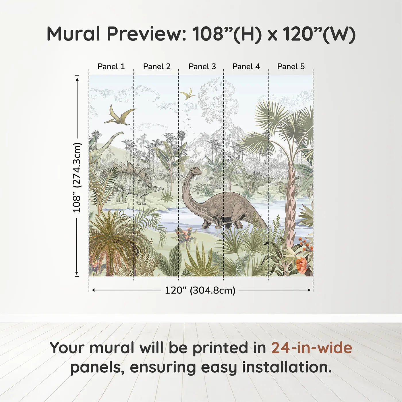 Whimsy Tots Prehistoric Jungle Wall Muraldimension view (108" H x 120" W). Printed in five 24-inch-wide panels. Gender-Neutral