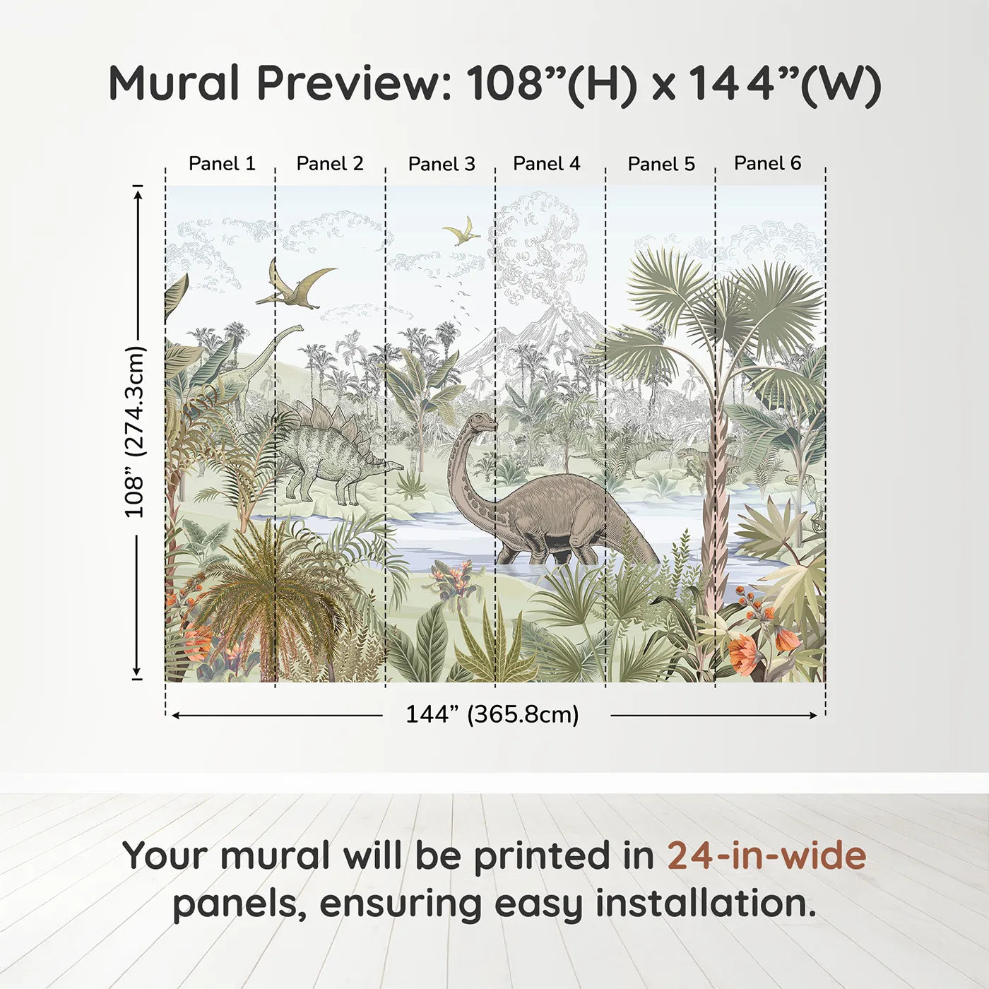 Whimsy Tots Prehistoric Jungle Wall Muraldimension view (108" H x 144" W). Printed in six 24-inch-wide panels. Gender-Neutral