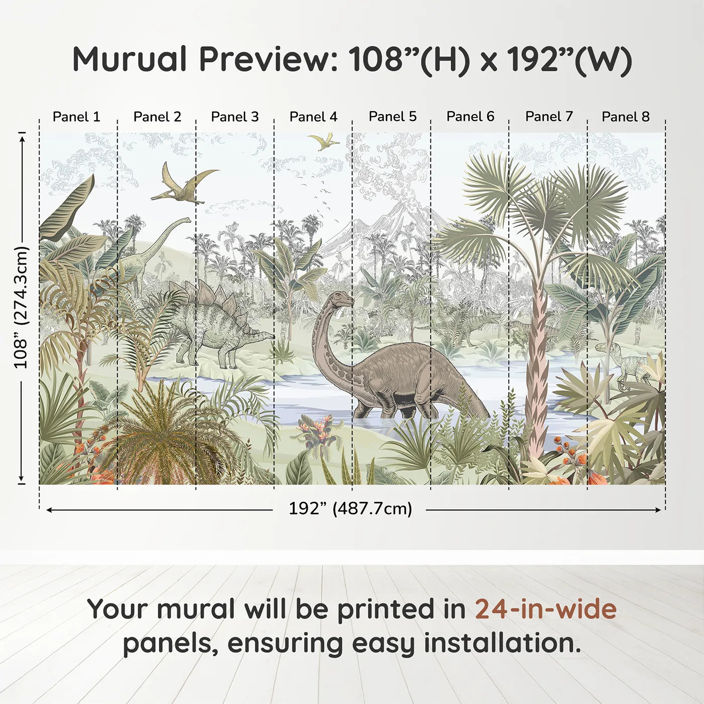 Whimsy Tots Prehistoric Jungle Wall Muraldimension view (108" H x 192" W). Printed in eight 24-inch-wide panels. Gender-Neutral