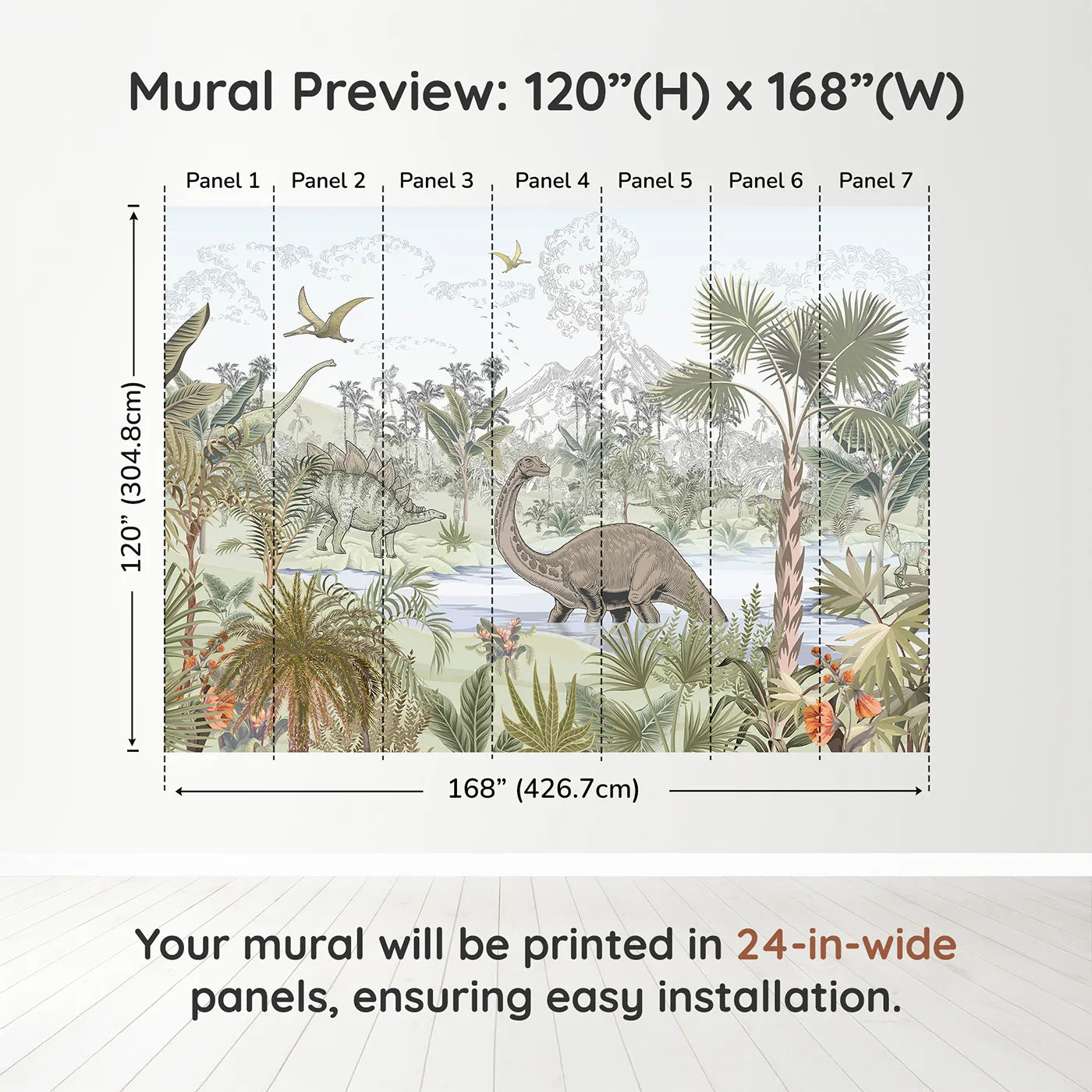Whimsy Tots Prehistoric Jungle Wall Muraldimension view (120" H x 168" W). Printed in seven 24-inch-wide panels. Gender-Neutral