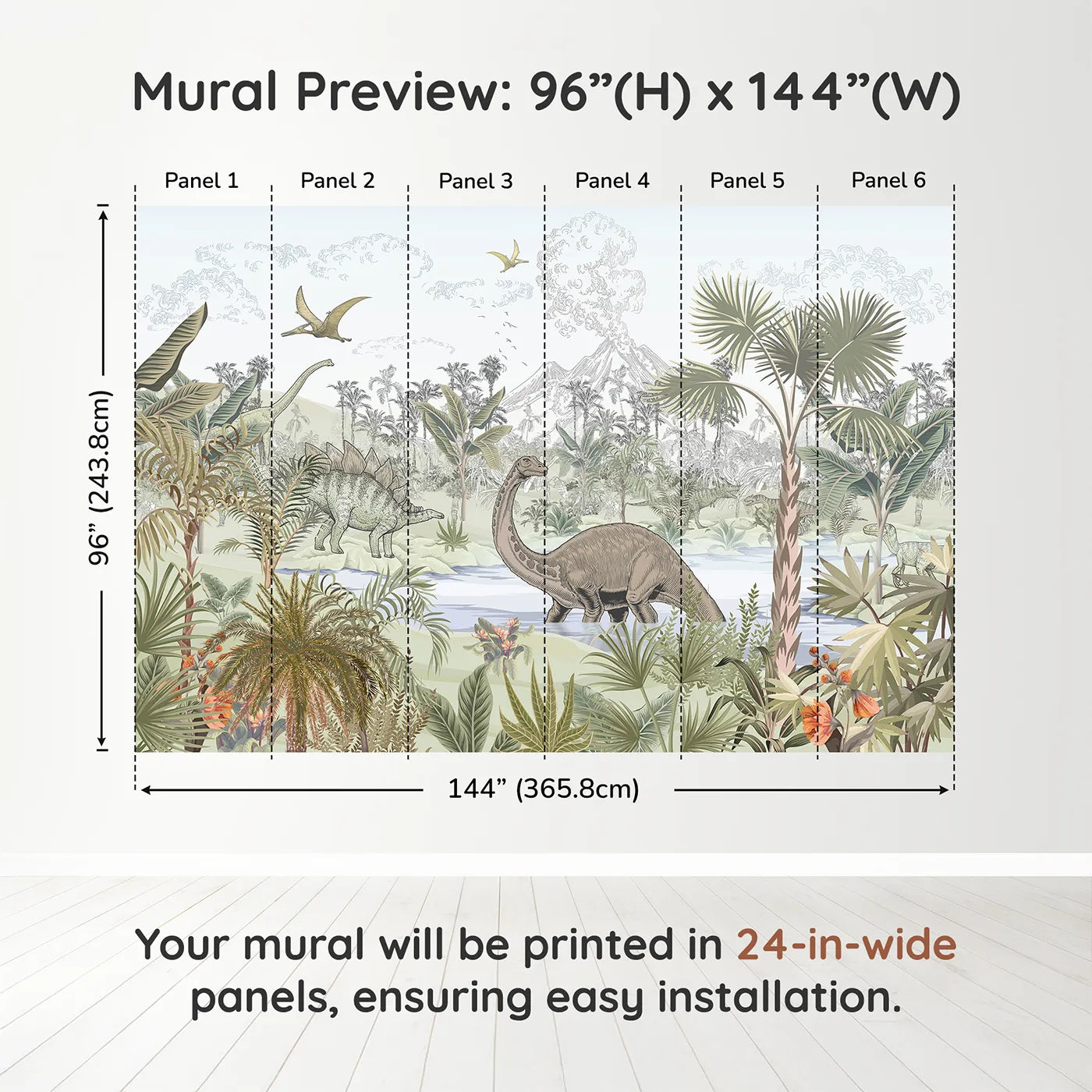 Whimsy Tots Prehistoric Jungle Wall Muraldimension view (96" H x 144" W). Printed in six 24-inch-wide panels. Gender-Neutral