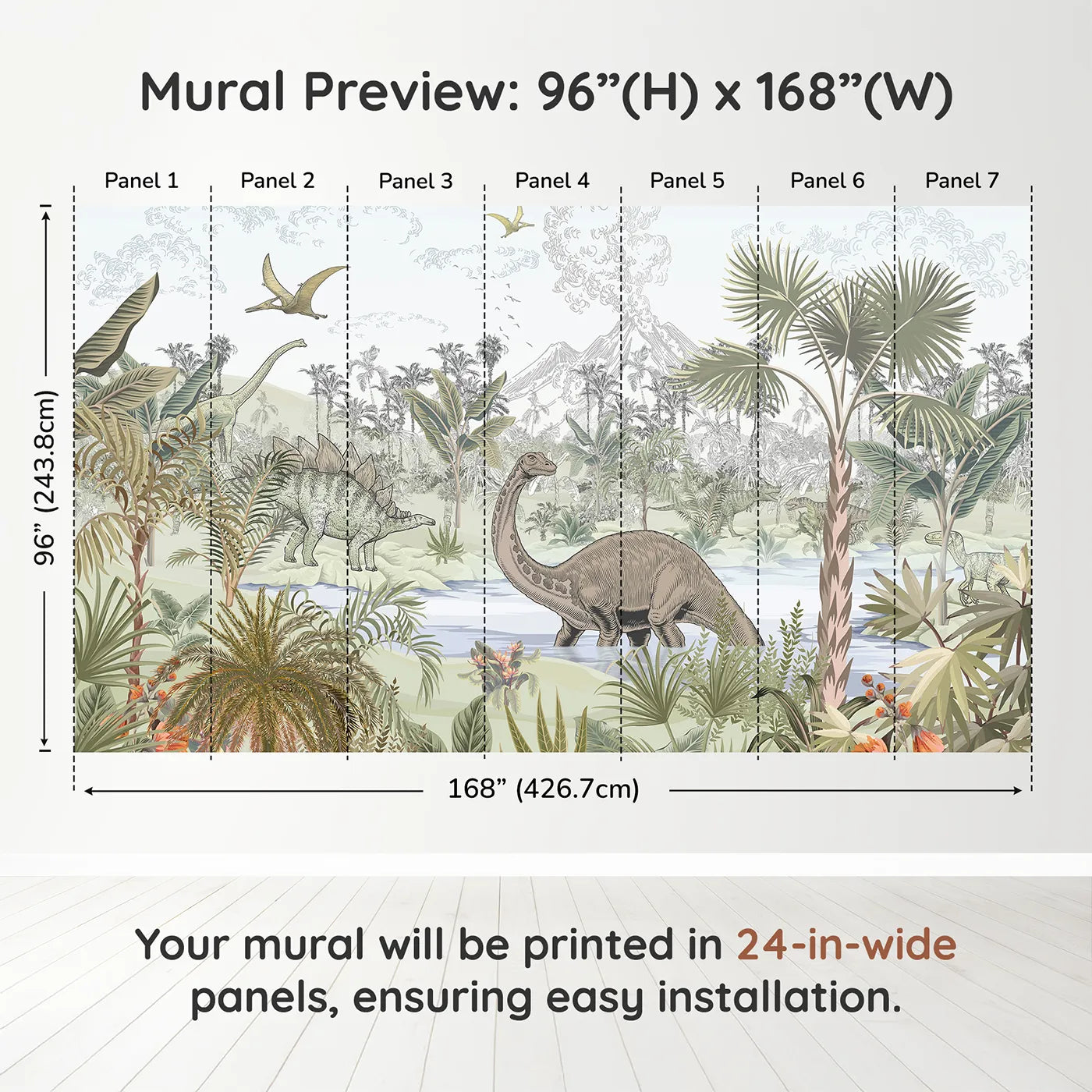 Whimsy Tots Prehistoric Jungle Wall Muraldimension view (96" H x 168" W). Printed in seven 24-inch-wide panels. Gender-Neutral