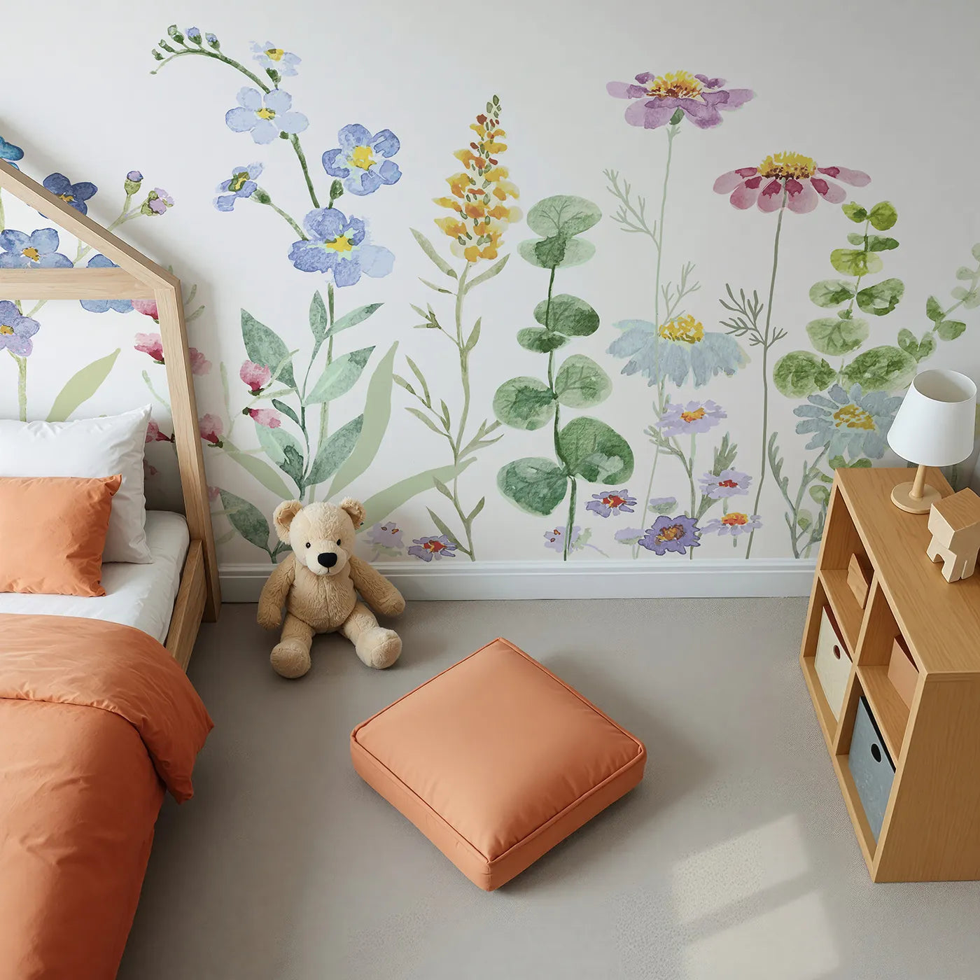 Top-down view of Whimsy Tots' Watercolor Wildflower Meadow Wall Mural (Turn Their Room into a Field of Delicate, Painted Flowers).Gender-Neutral