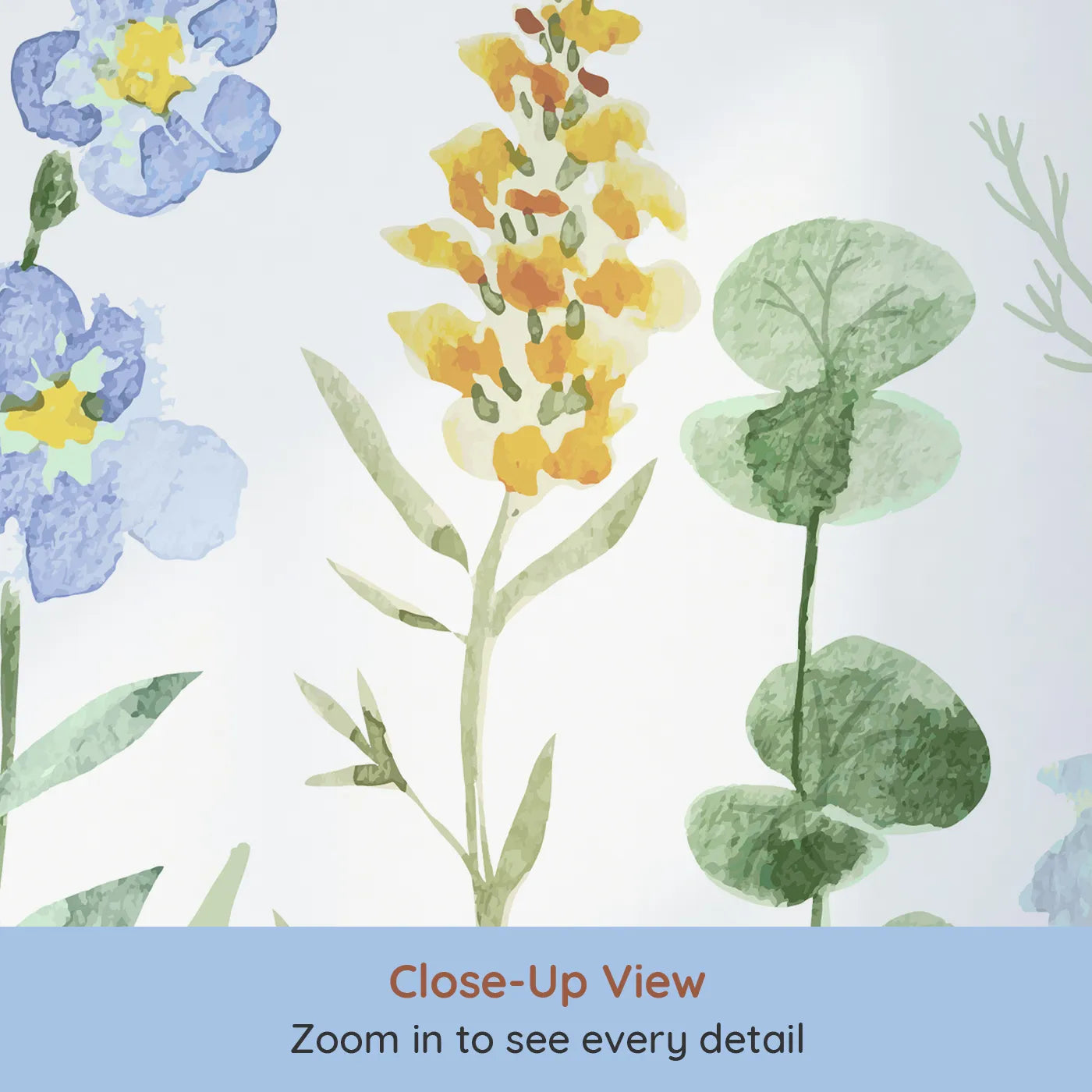 Close-up view of Whimsy Tots' Watercolor Wildflower Meadow Wall Mural (Turn Their Room into a Field of Delicate, Painted Flowers).Gender-Neutral