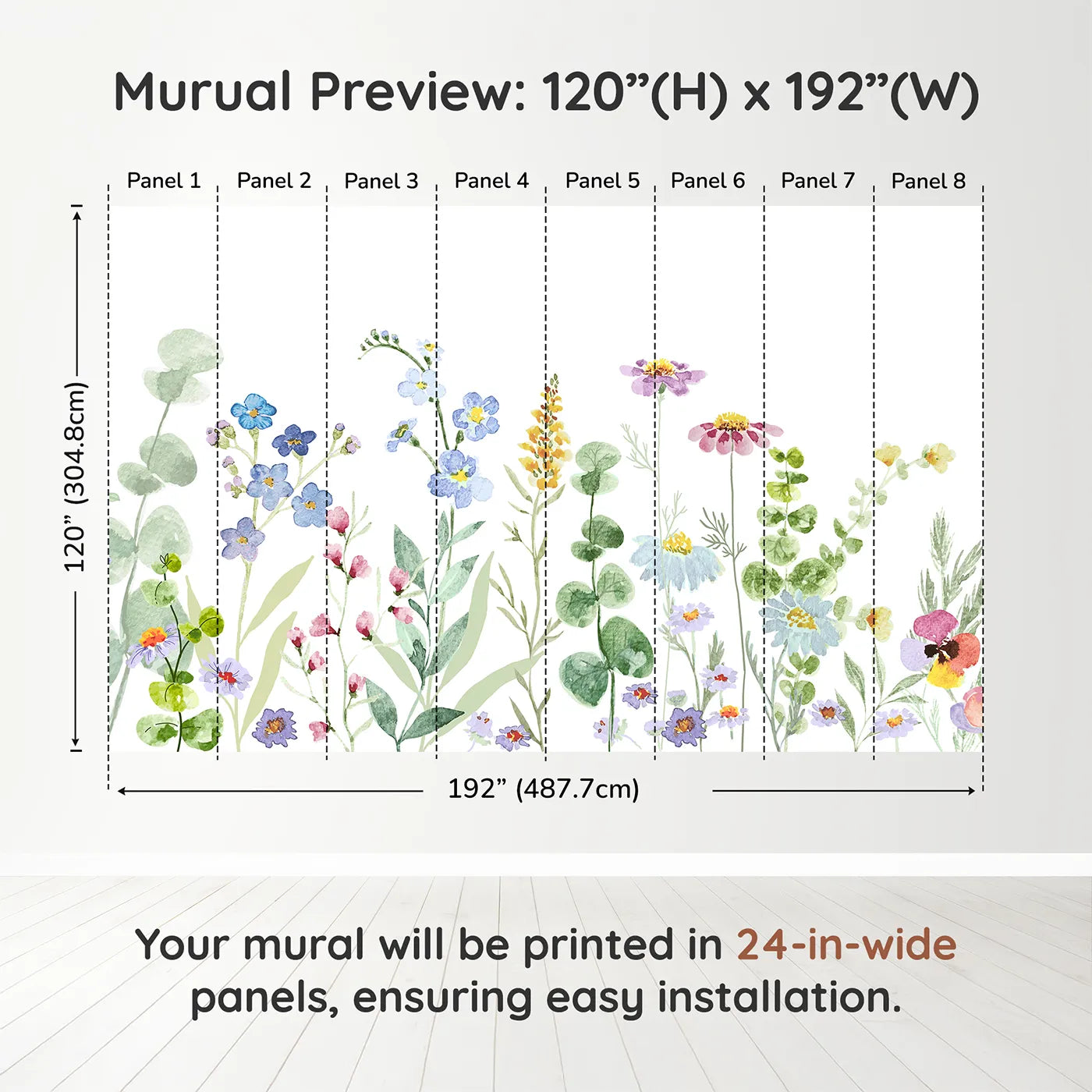 Whimsy Tots Watercolor Wildflower Meadow Wall Muraldimension view (120" H x 192" W). Printed in eight 24-inch-wide panels. Gender-Neutral