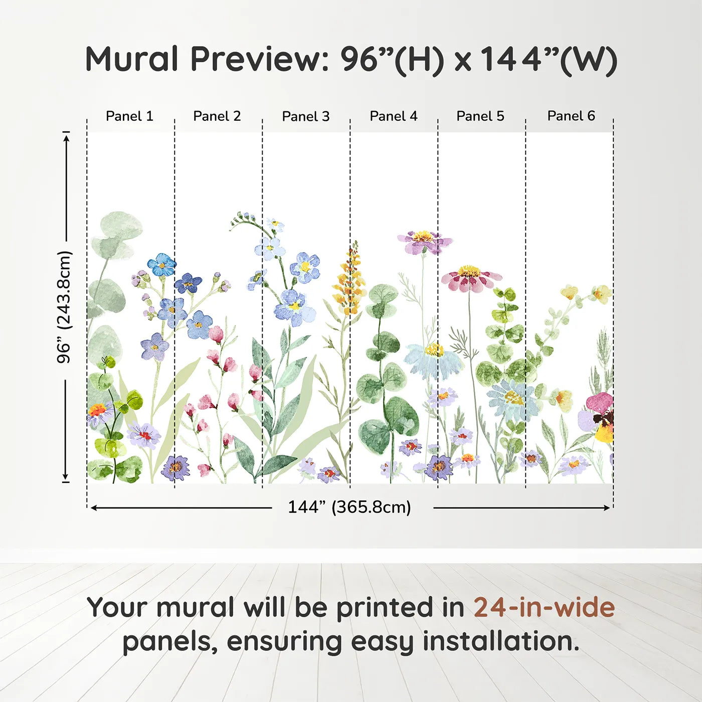 Whimsy Tots Watercolor Wildflower Meadow Wall Muraldimension view (96" H x 144" W). Printed in six 24-inch-wide panels. Gender-Neutral
