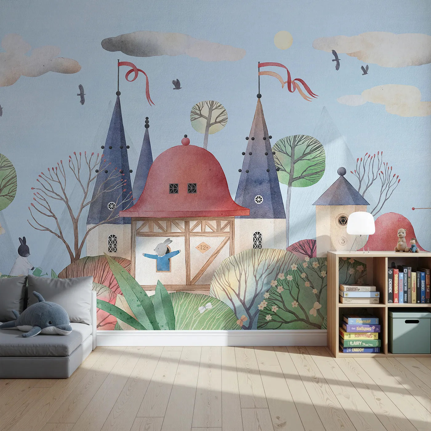 Front view of Whimsy Tots' Rabbit Castle Wall Mural