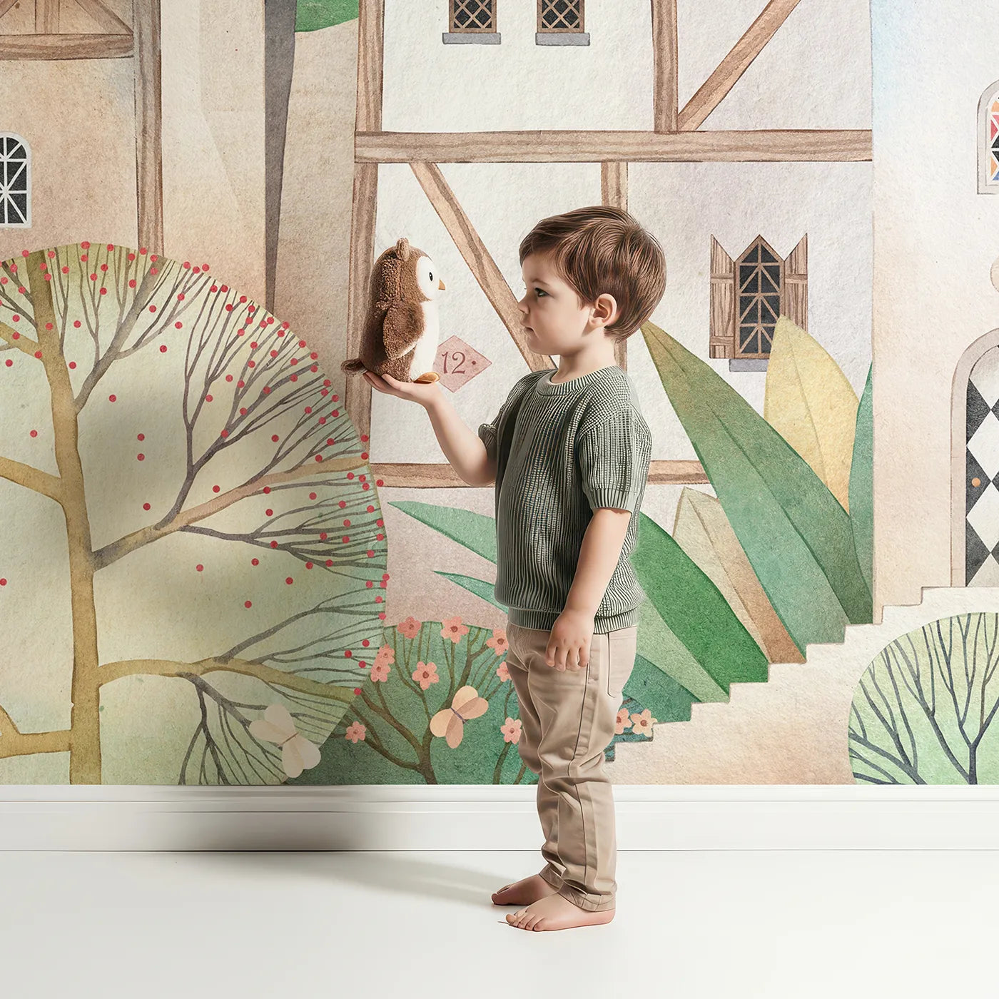 Child in front of Whimsy Tots Medieval Rabbit Village Wall Mural with castle, rabbit, village, watercolor, whimsical, medieval, cute, storybook in design.