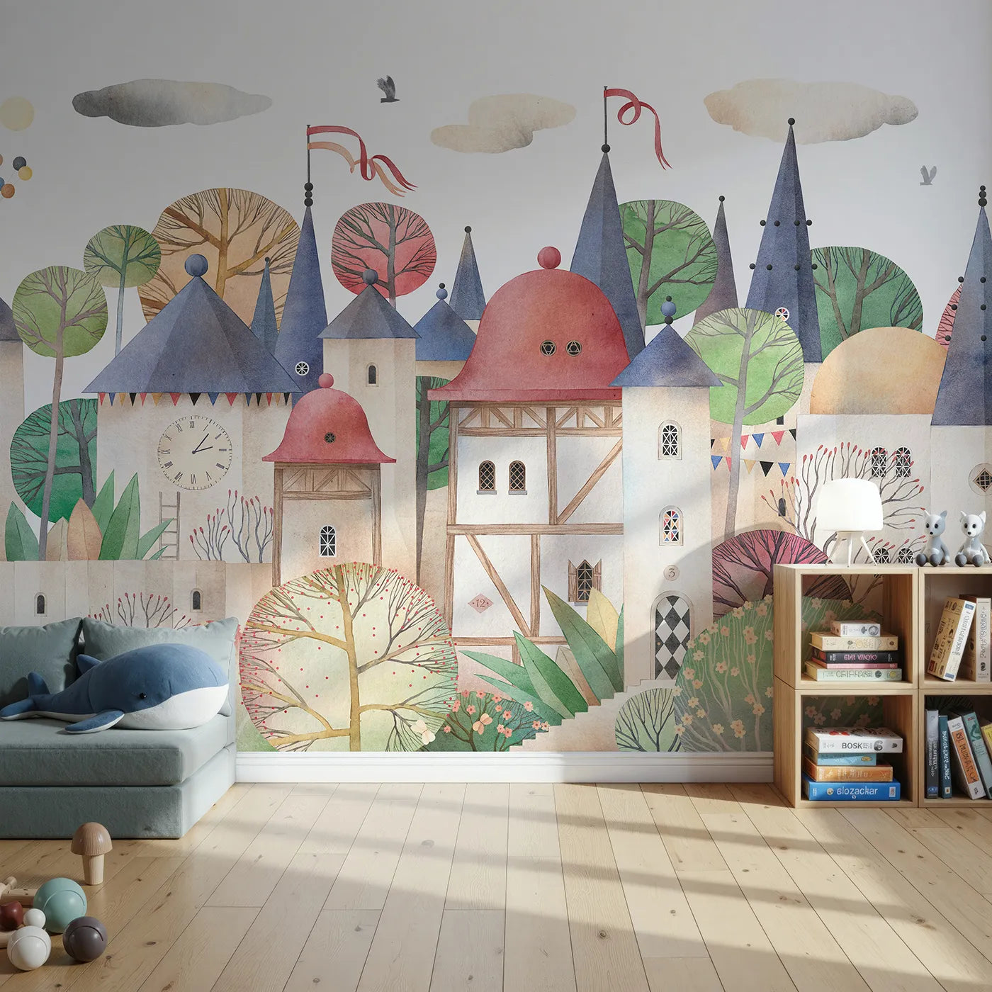 Front view of Whimsy Tots' Medieval Rabbit Village Wall Mural