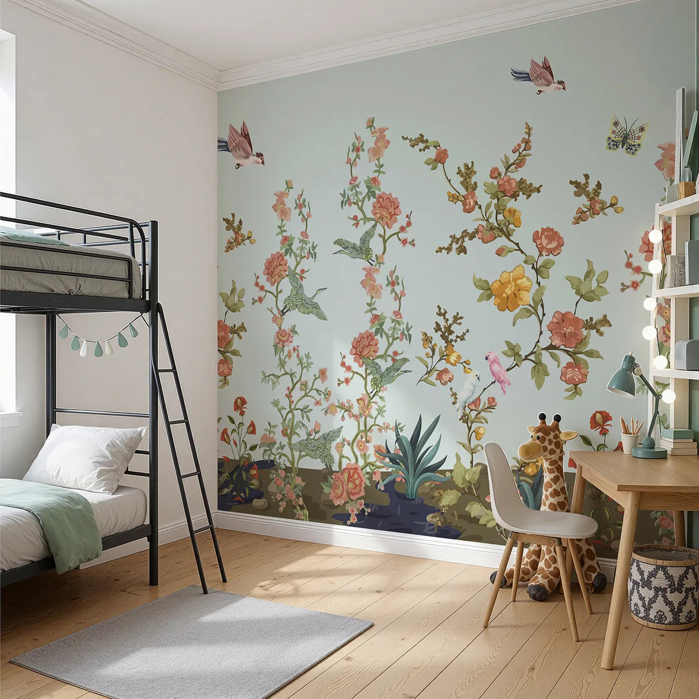 Angled view of Whimsy Tots' Chinoiserie Riverbank Wall Mural (Turn Their Room into an Elegant, Hand-Painted Garden).Gender-Neutral