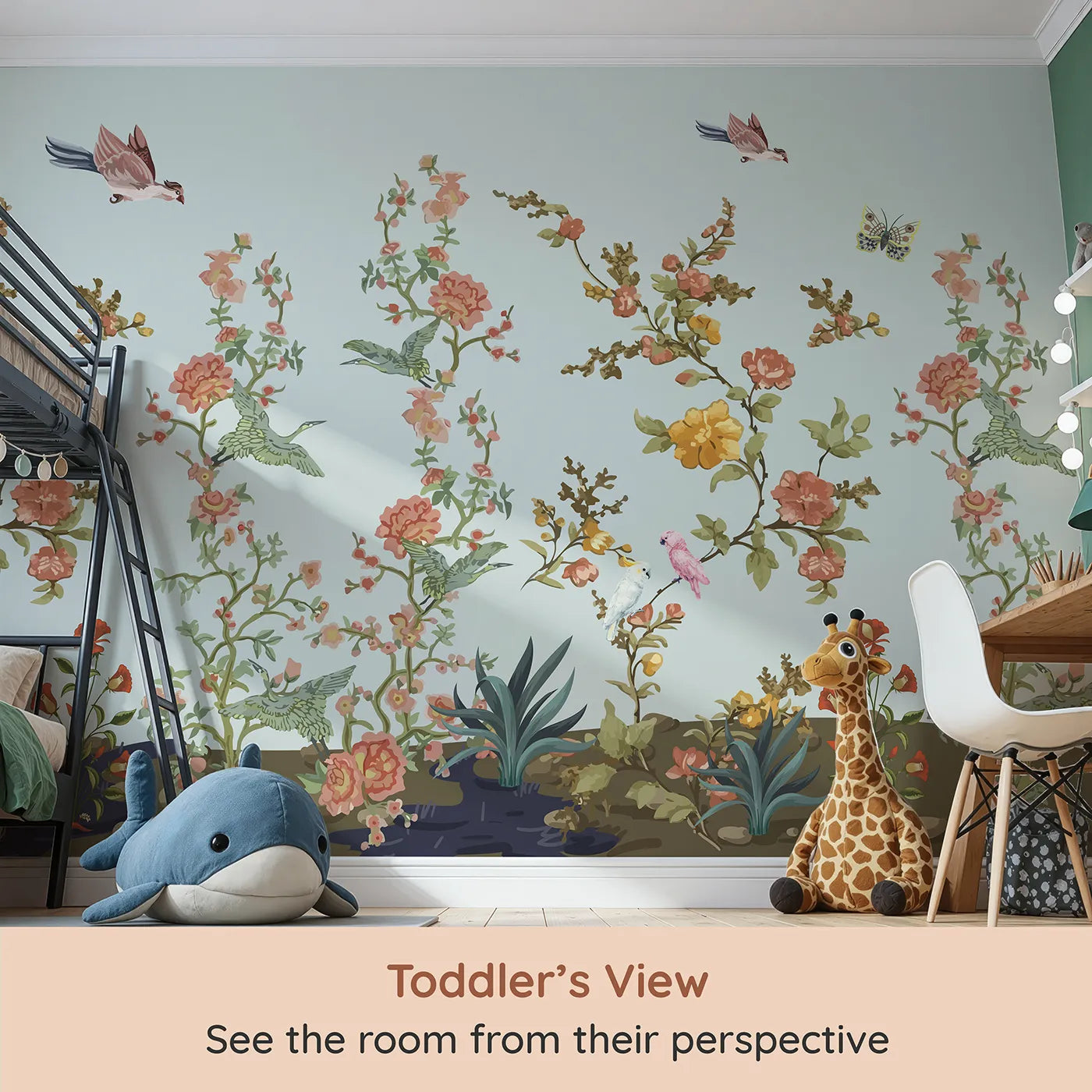Whimsy Tots Chinoiserie Riverbank Wall Mural (Turn Their Room into an Elegant, Hand-Painted Garden) from your child's view.Gender-Neutral