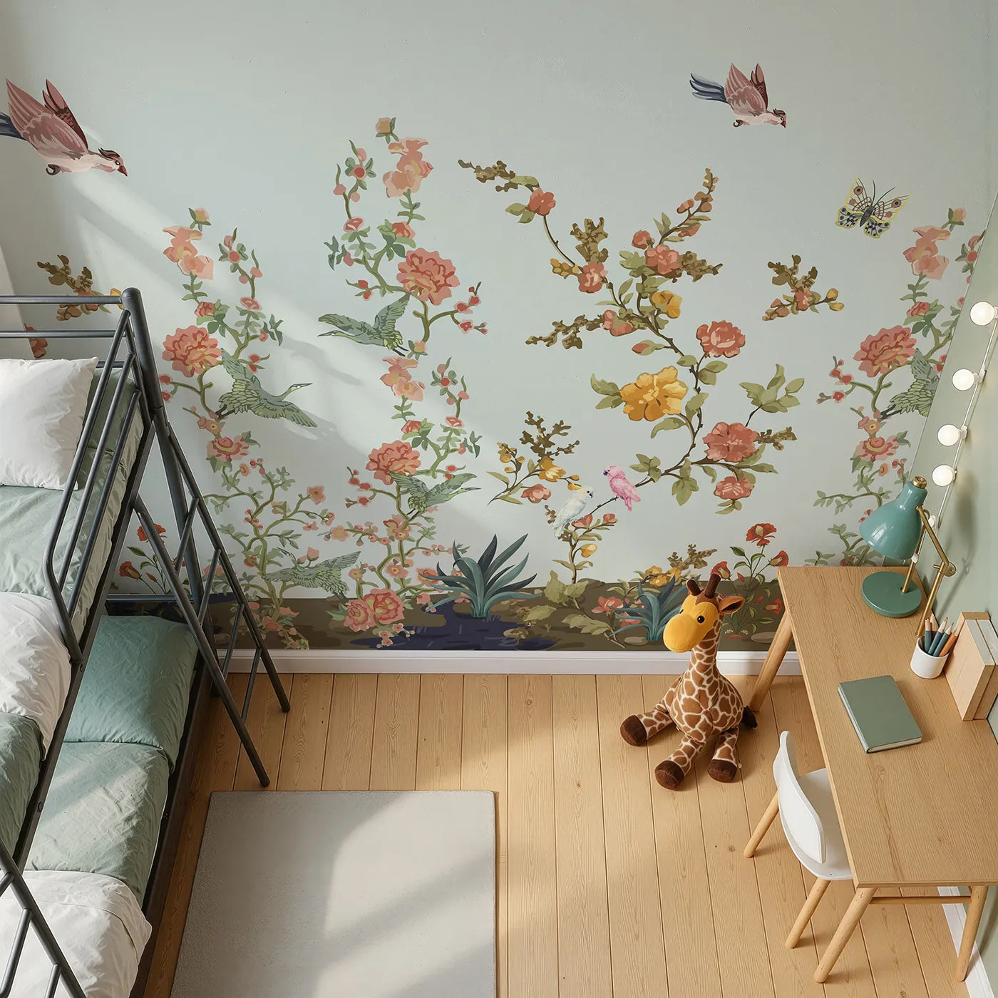Top-down view of Whimsy Tots' Chinoiserie Riverbank Wall Mural (Turn Their Room into an Elegant, Hand-Painted Garden).Gender-Neutral