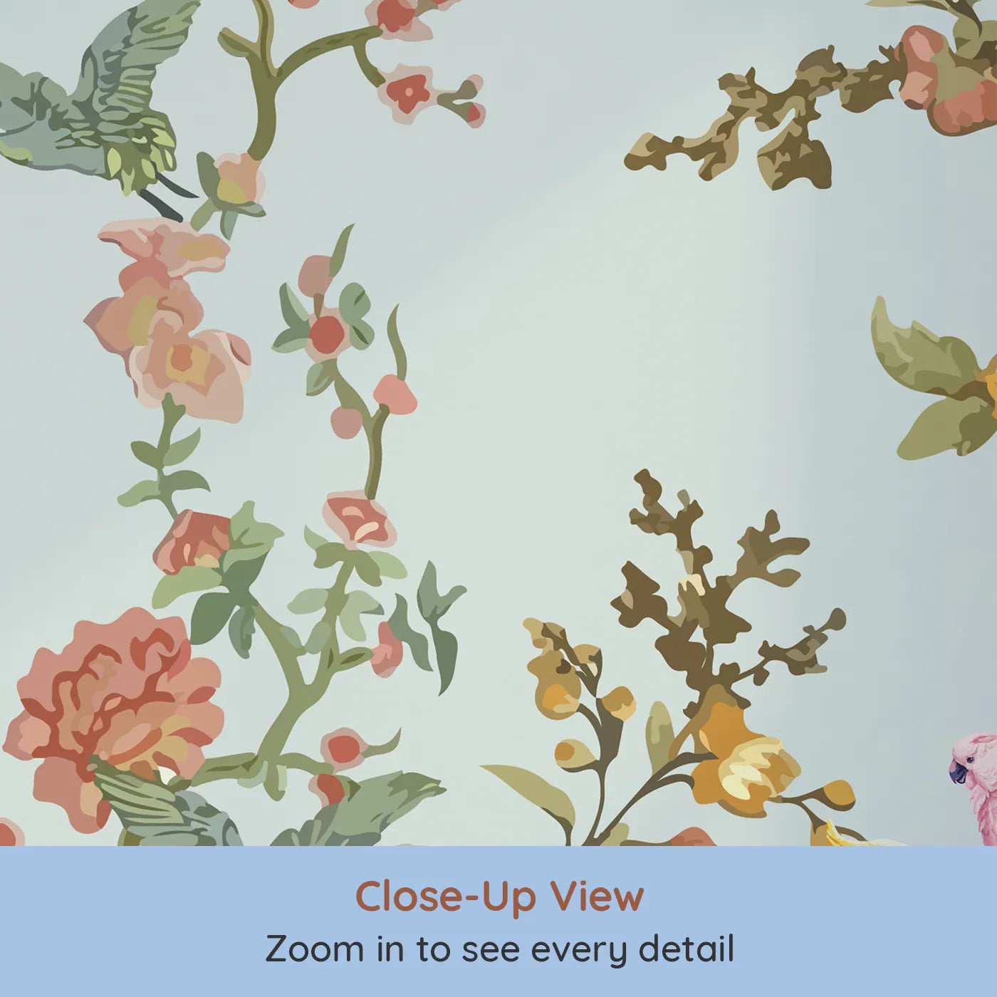 Close-up view of Whimsy Tots' Chinoiserie Riverbank Wall Mural (Turn Their Room into an Elegant, Hand-Painted Garden).Gender-Neutral