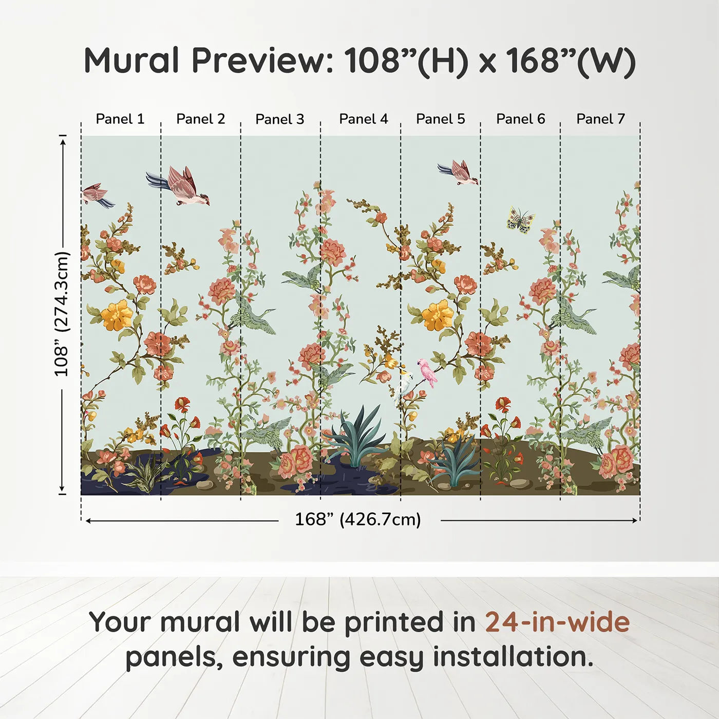 Whimsy Tots Chinoiserie Riverbank Wall Muraldimension view (108" H x 168" W). Printed in seven 24-inch-wide panels. Gender-Neutral